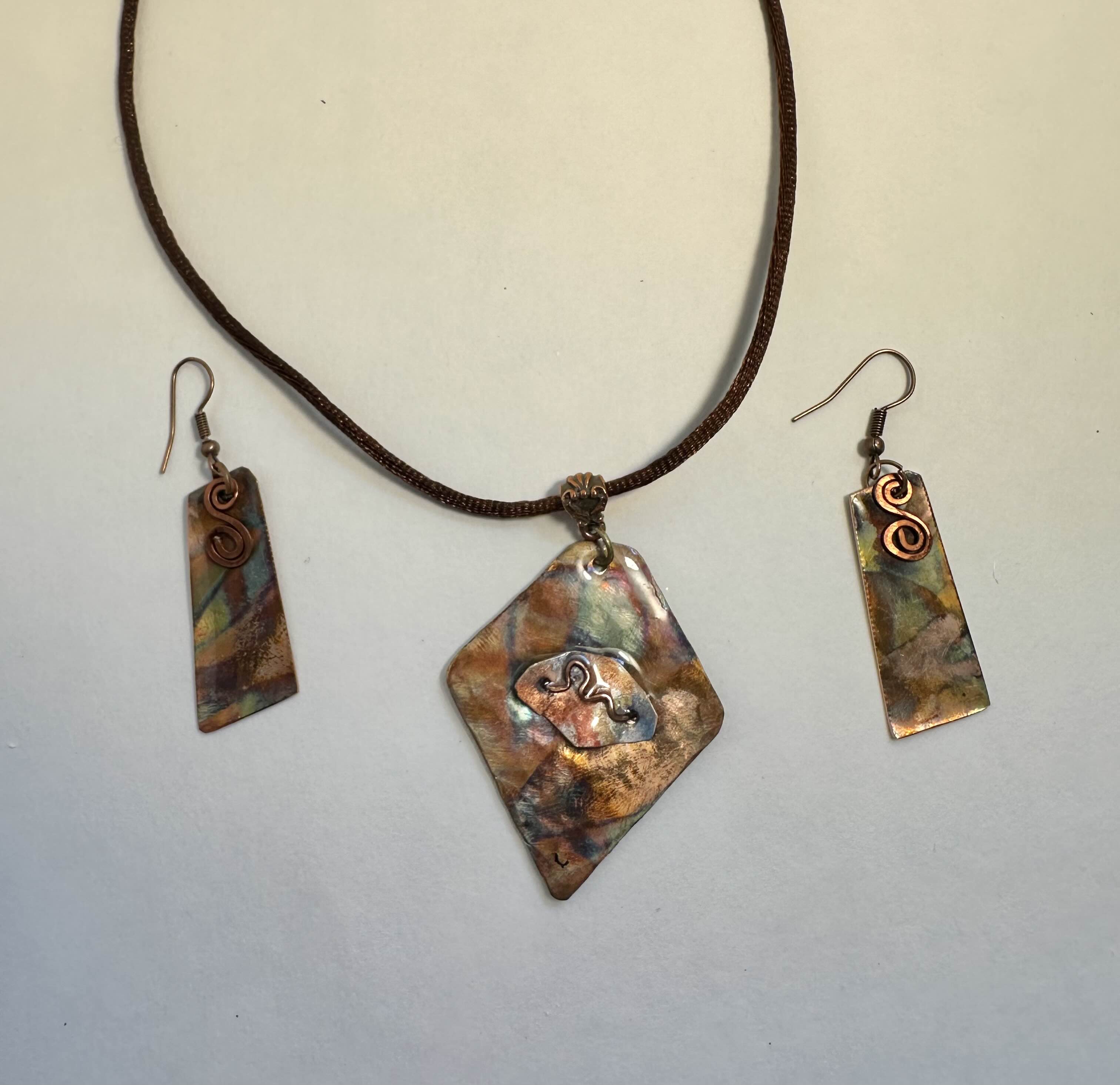 Handcrafted Abstract copper Jewelry set with wire wrapping accent