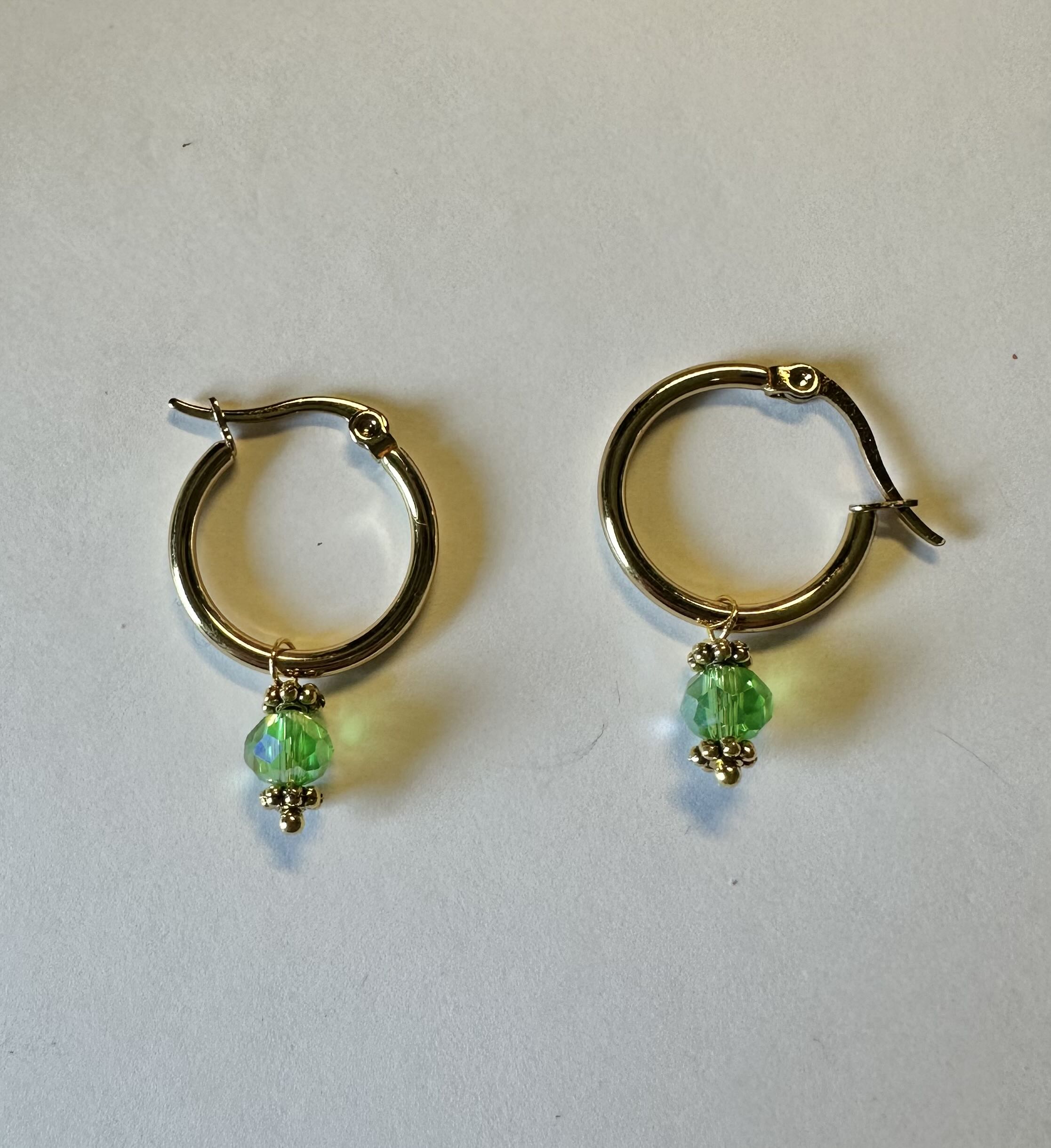 Gold toned Hoop Earrings with Green Crystal Beads