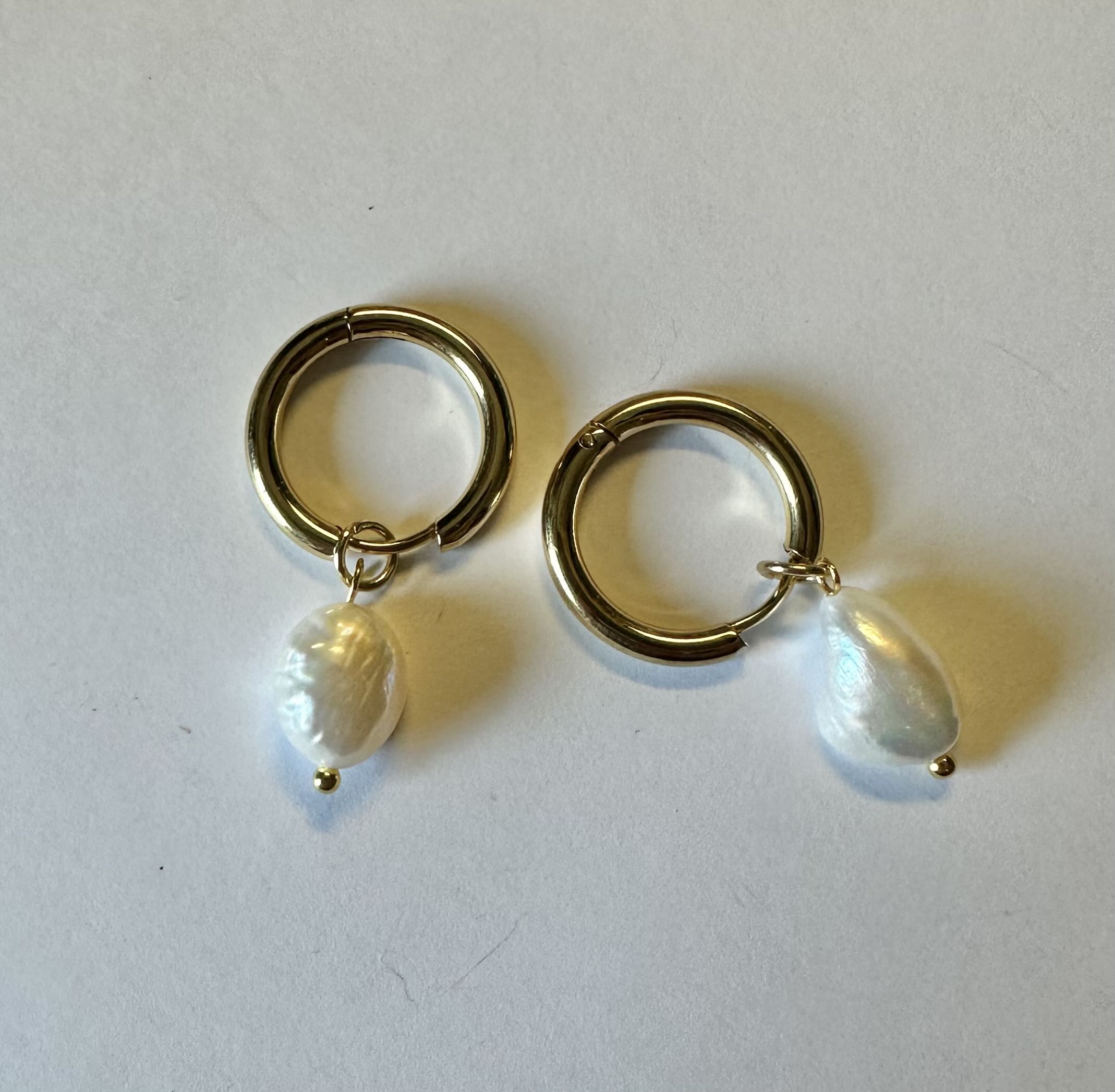 Gold toned Hoop Earrings with Baroque Pearls
