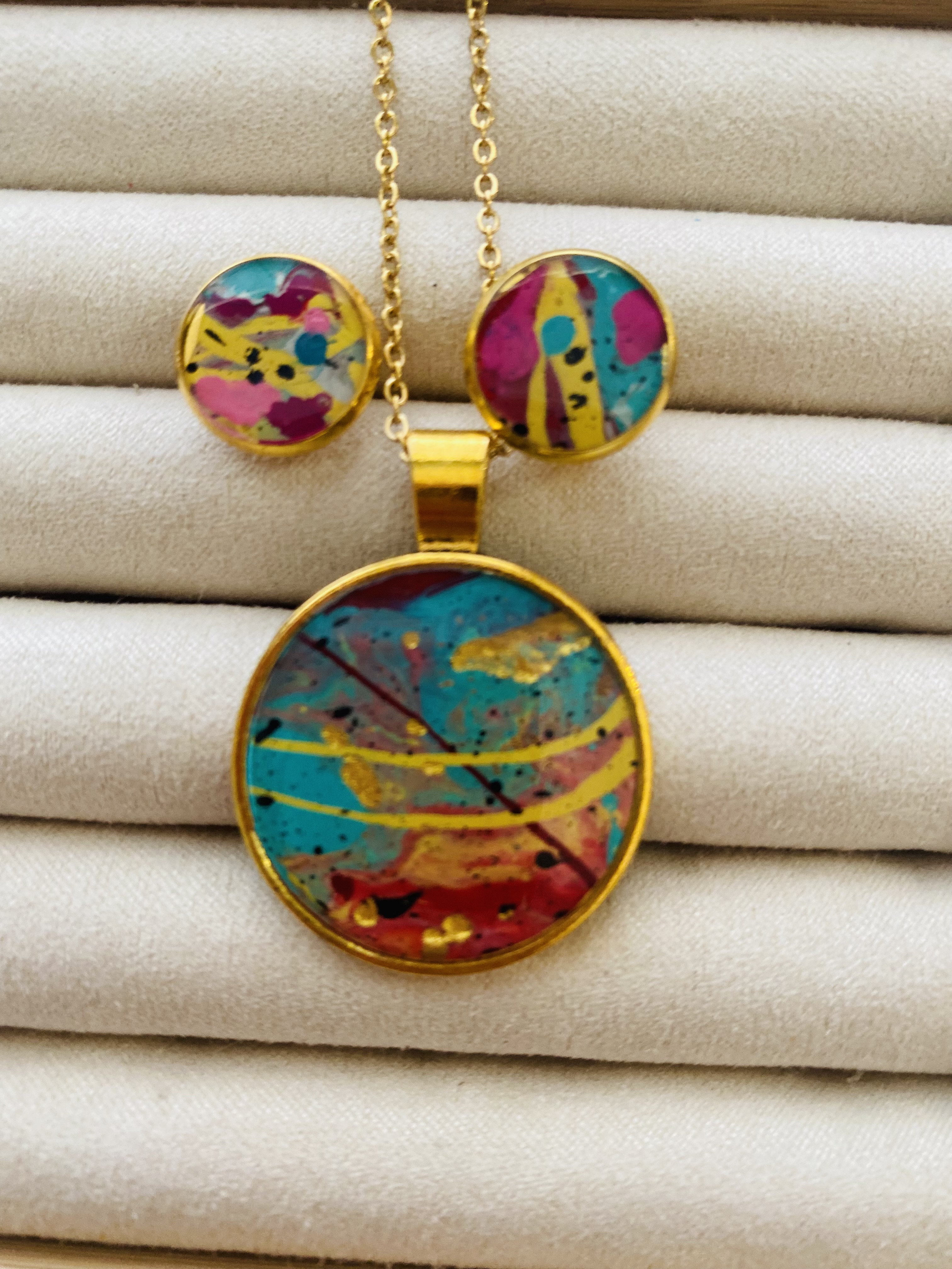 Colorful Abstract Pendant and Earring Set