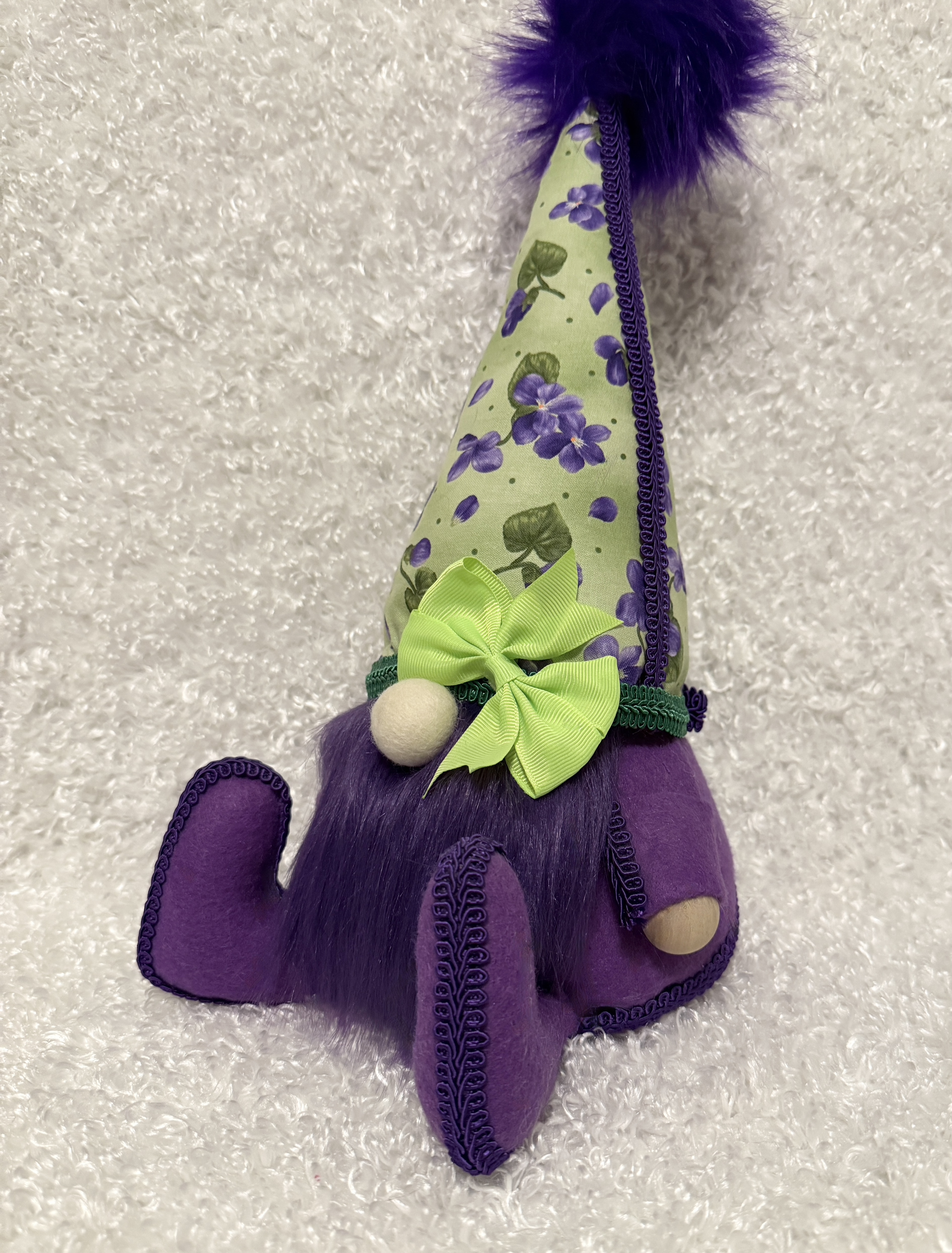 Decorative Purple Gnome with Floral Hat and Green Bow