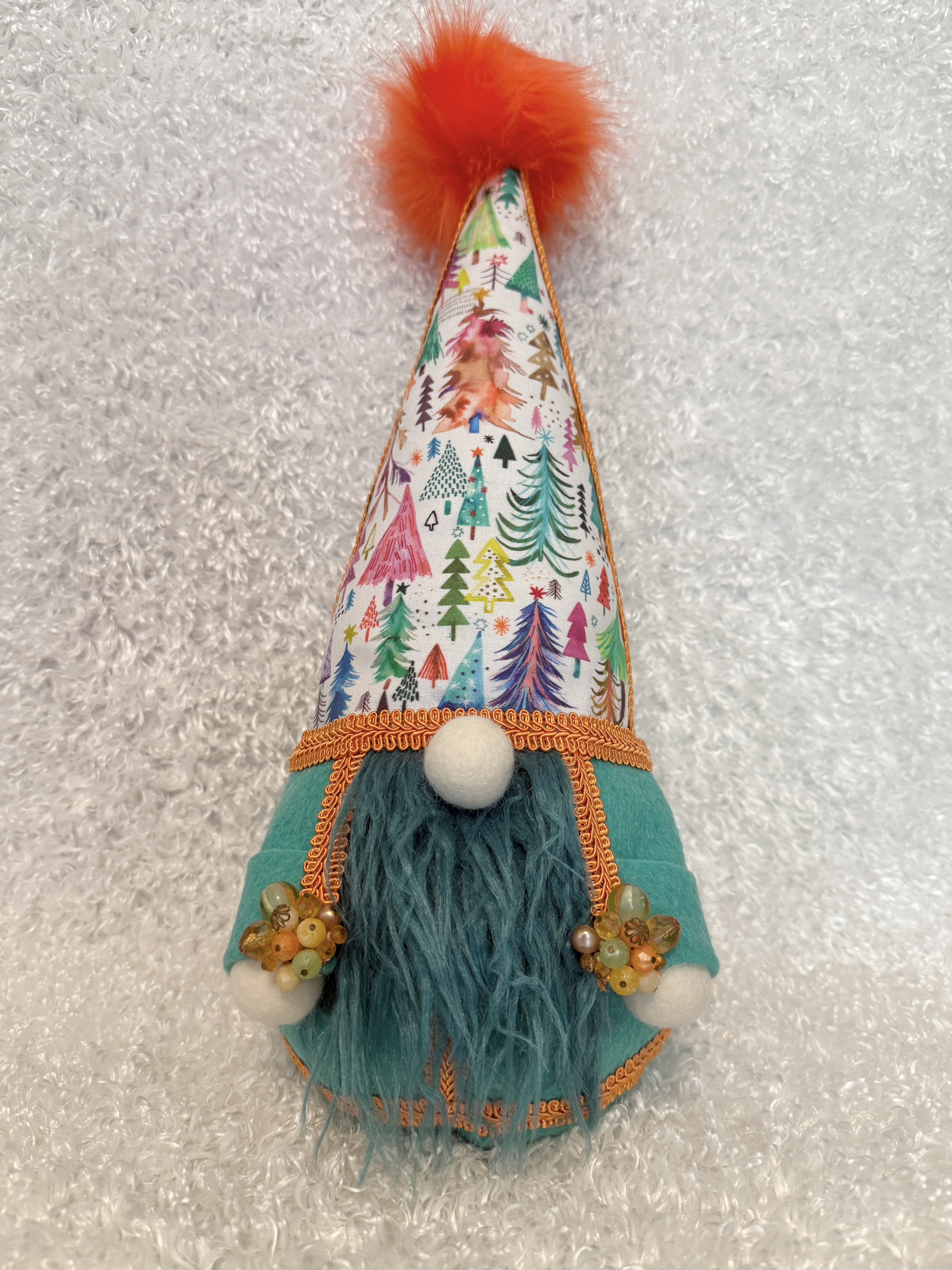 Festive Colorful Christmas Tree Gnome with Fluffy Green Beard, Seasonal Decor