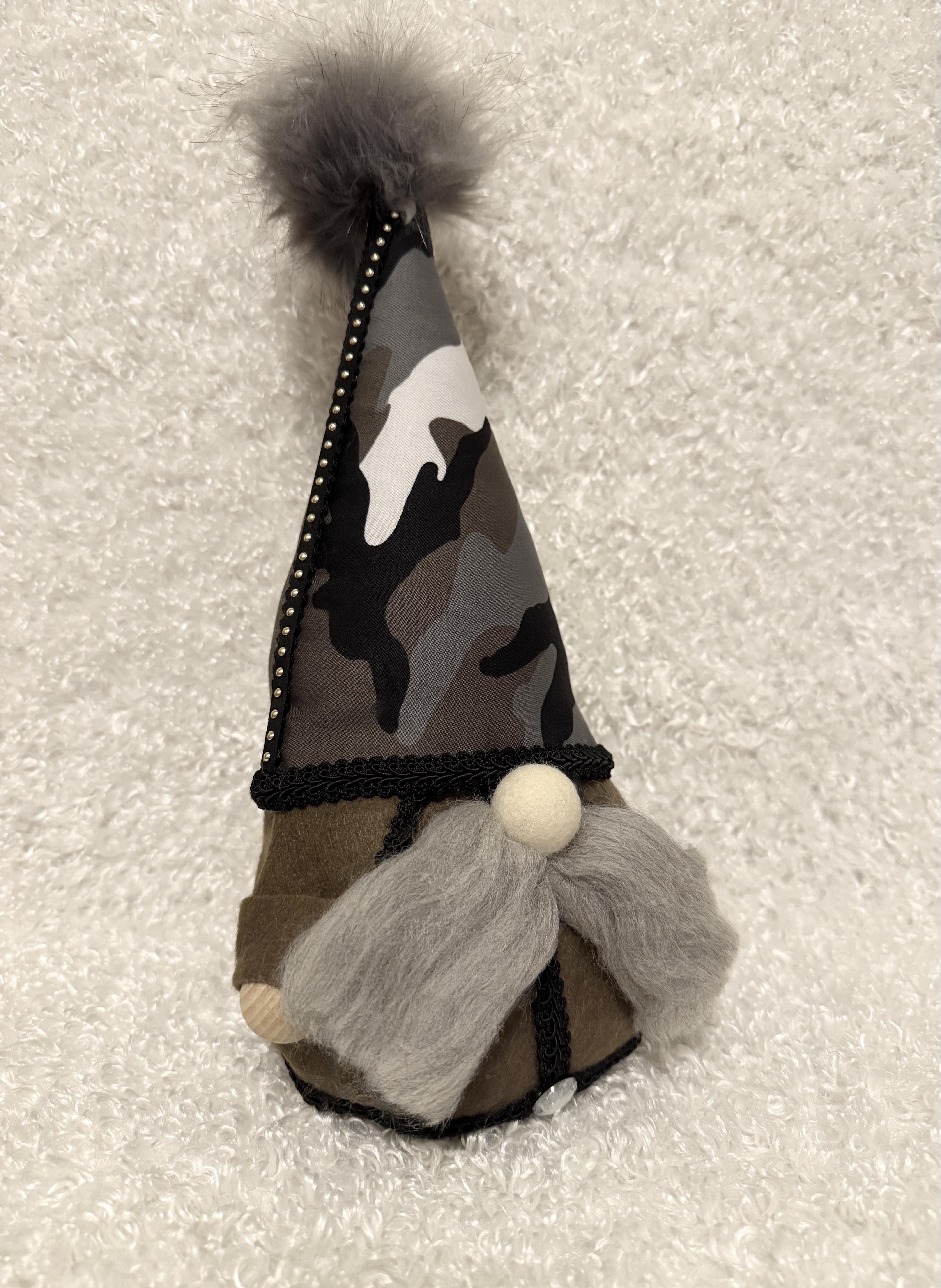 Decorative Plush Gnome with Camo Hat and Fluffy Mustache