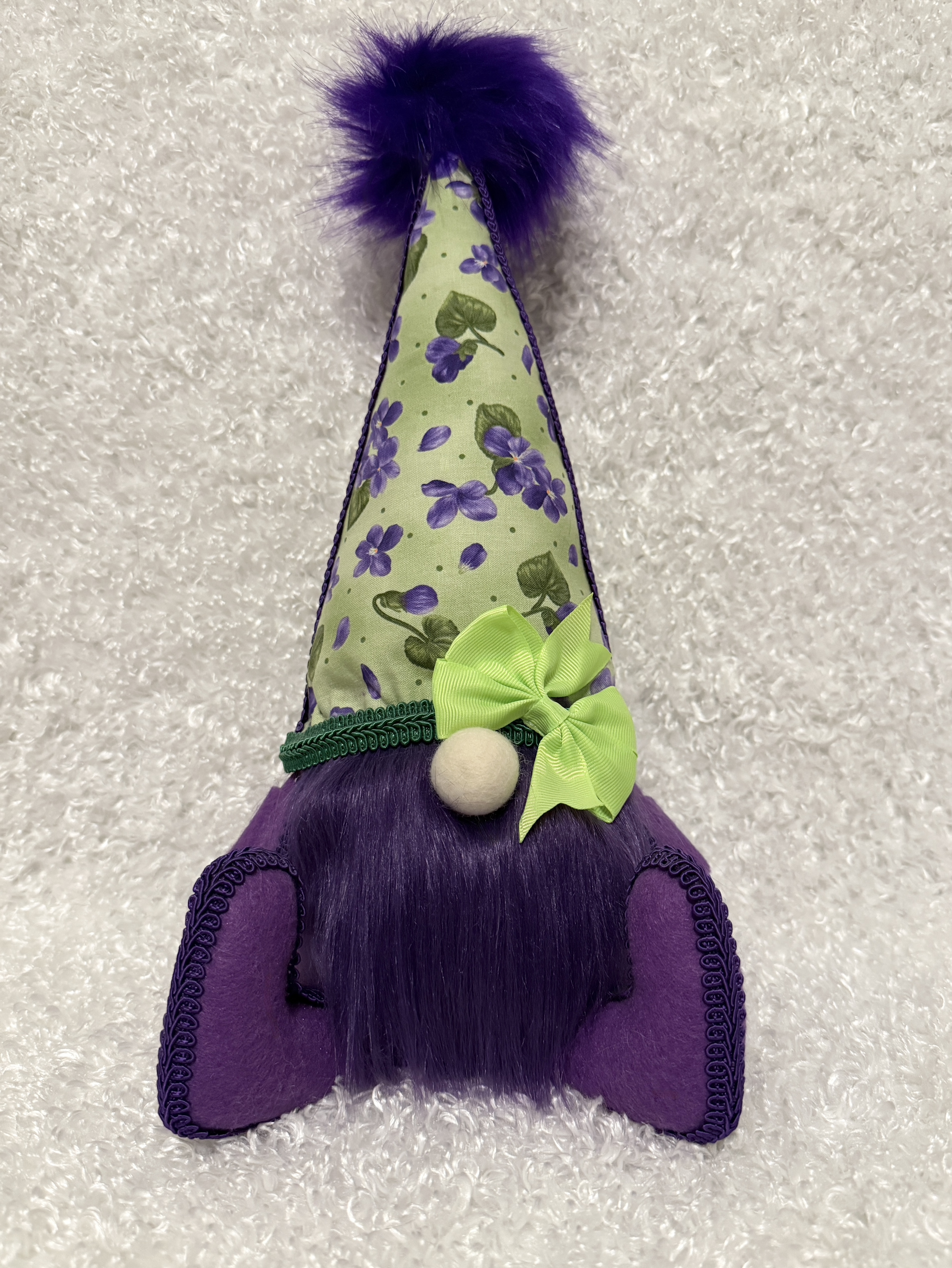 Decorative Purple Gnome with Floral Hat and Green Bow