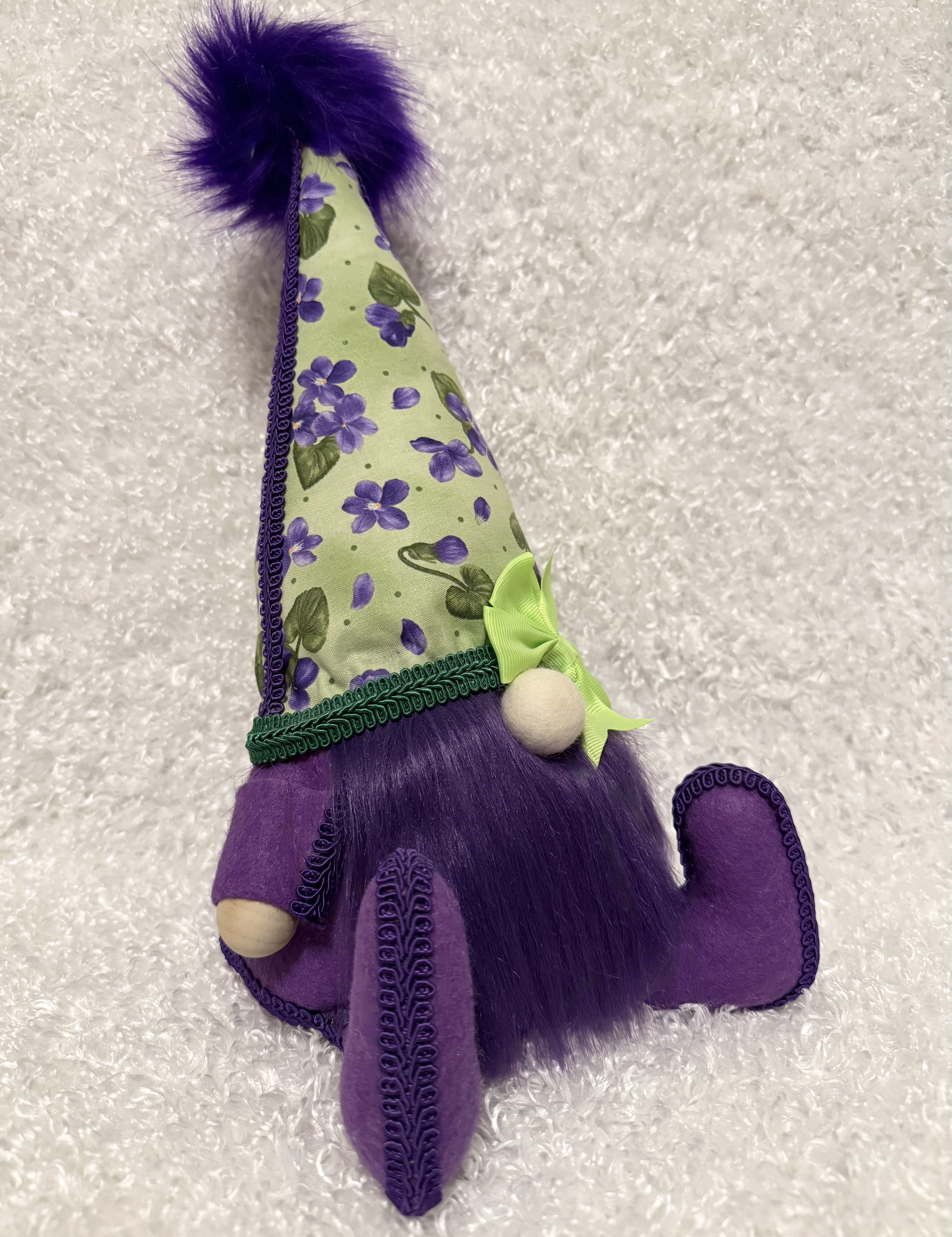 Decorative Purple Gnome with Floral Hat and Green Bow