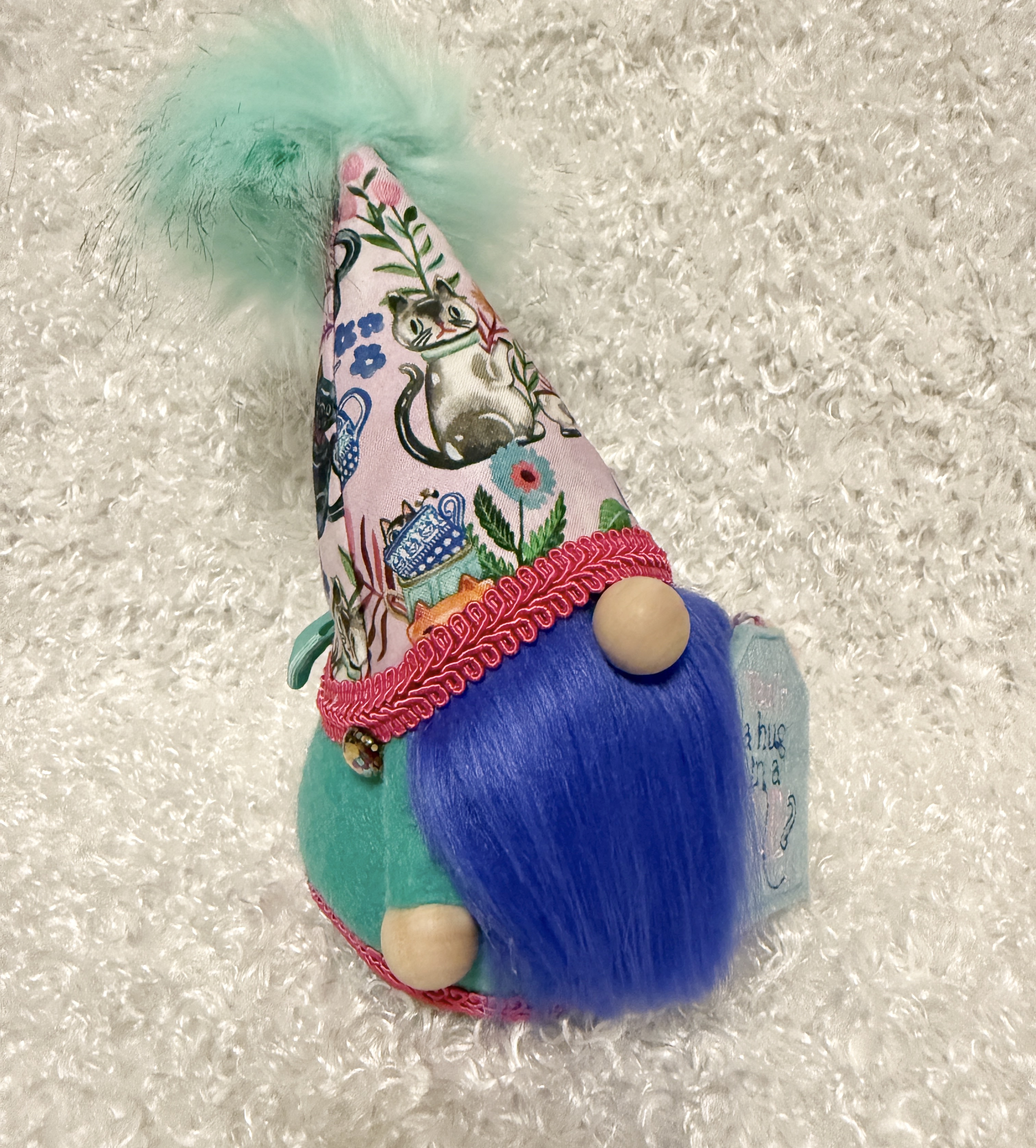 Whimsical Tea Time Gnome, Gnome with Hat Featuring Cat & Tea Cup, Gnome Carrying Tea Bag, Cottagecore Kitchen Decor, Cute Gift Idea