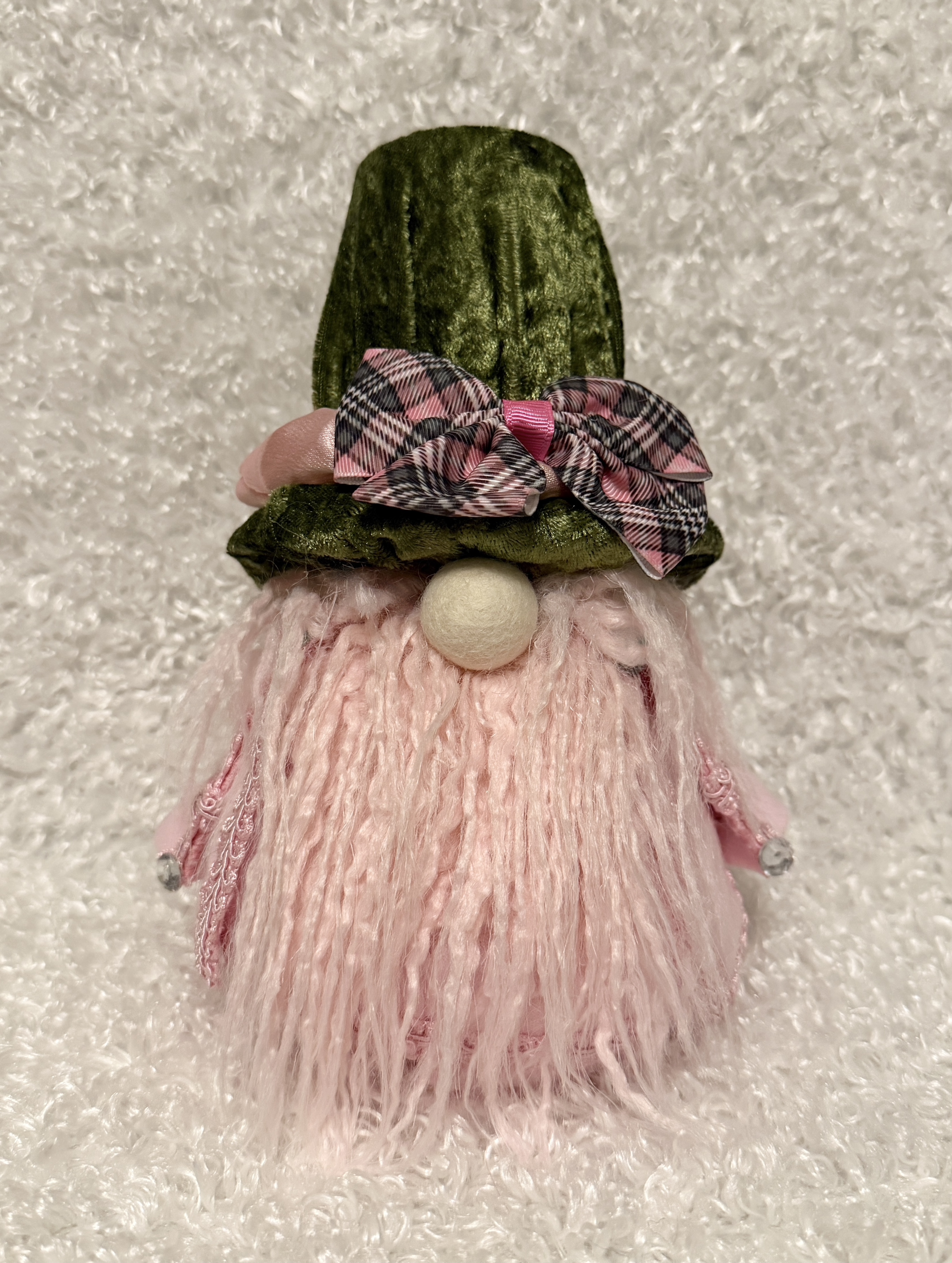 Gnome with Green Velvet Hat and Pink Plaid Bow