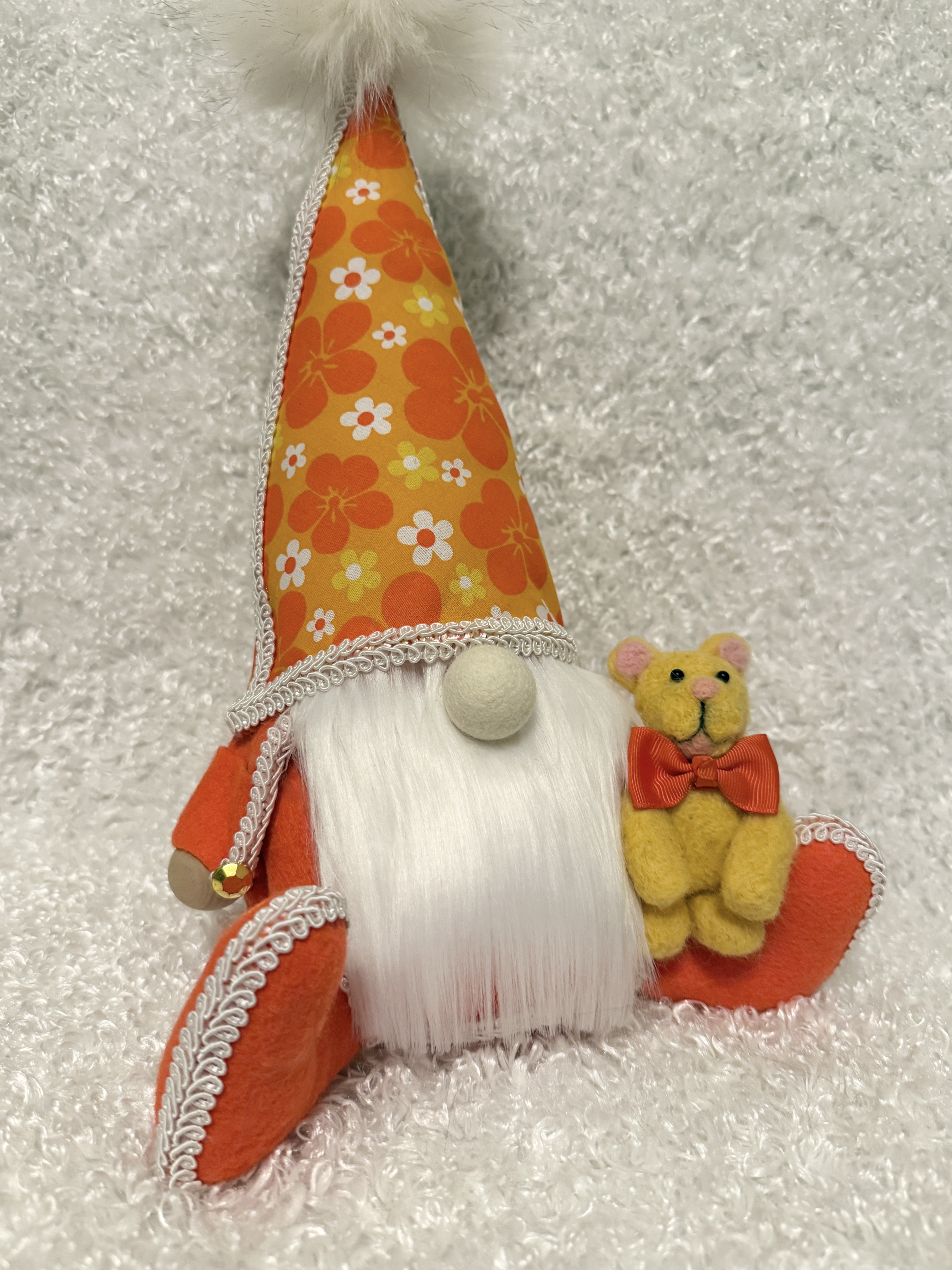Charming Orange Spring Gnome with Floral Hat and Plush Bear