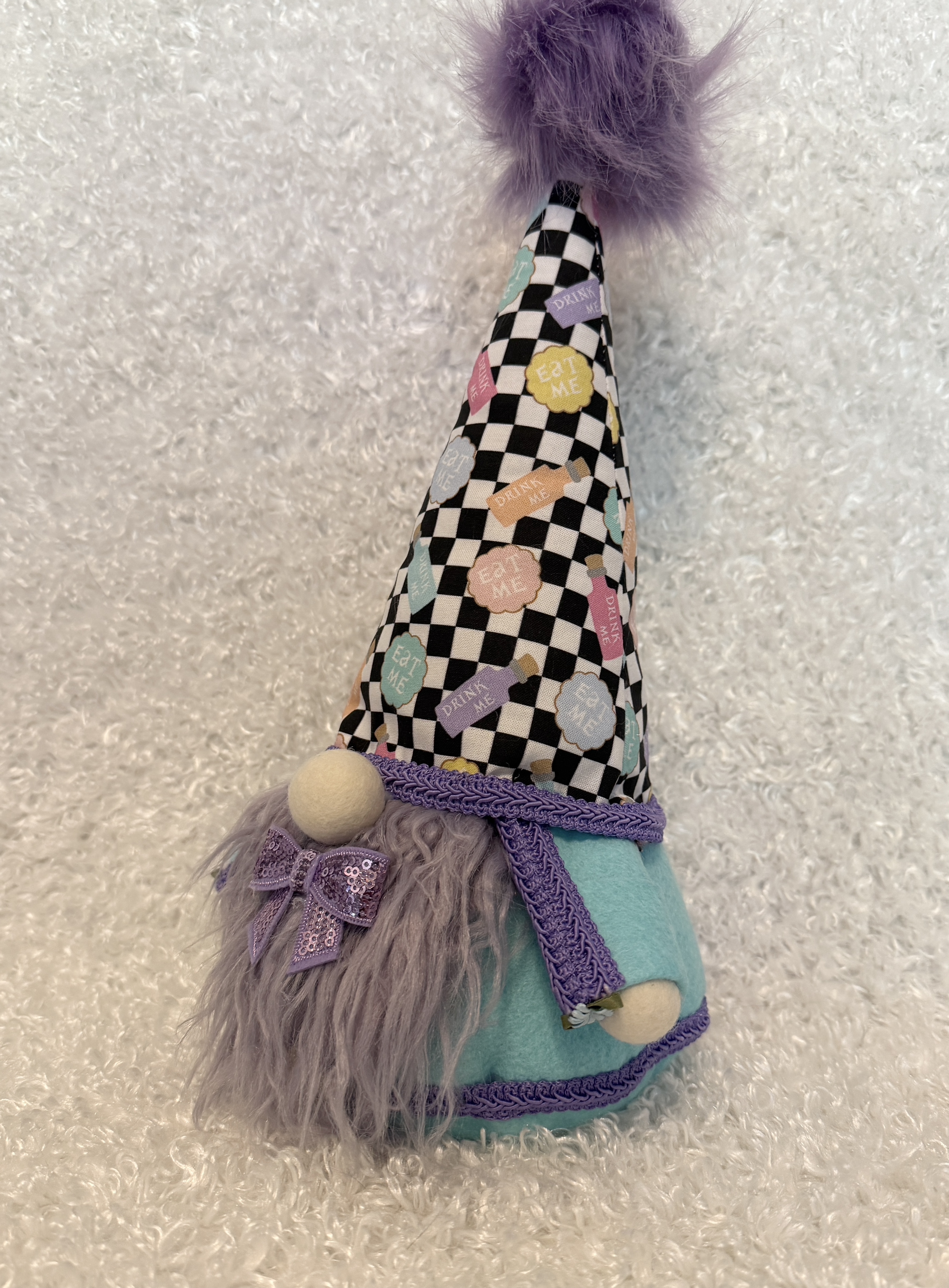 Alice in Wonderland Gnome with “Eat Me Drink Me” Hat, Handmade Whimsical Decor