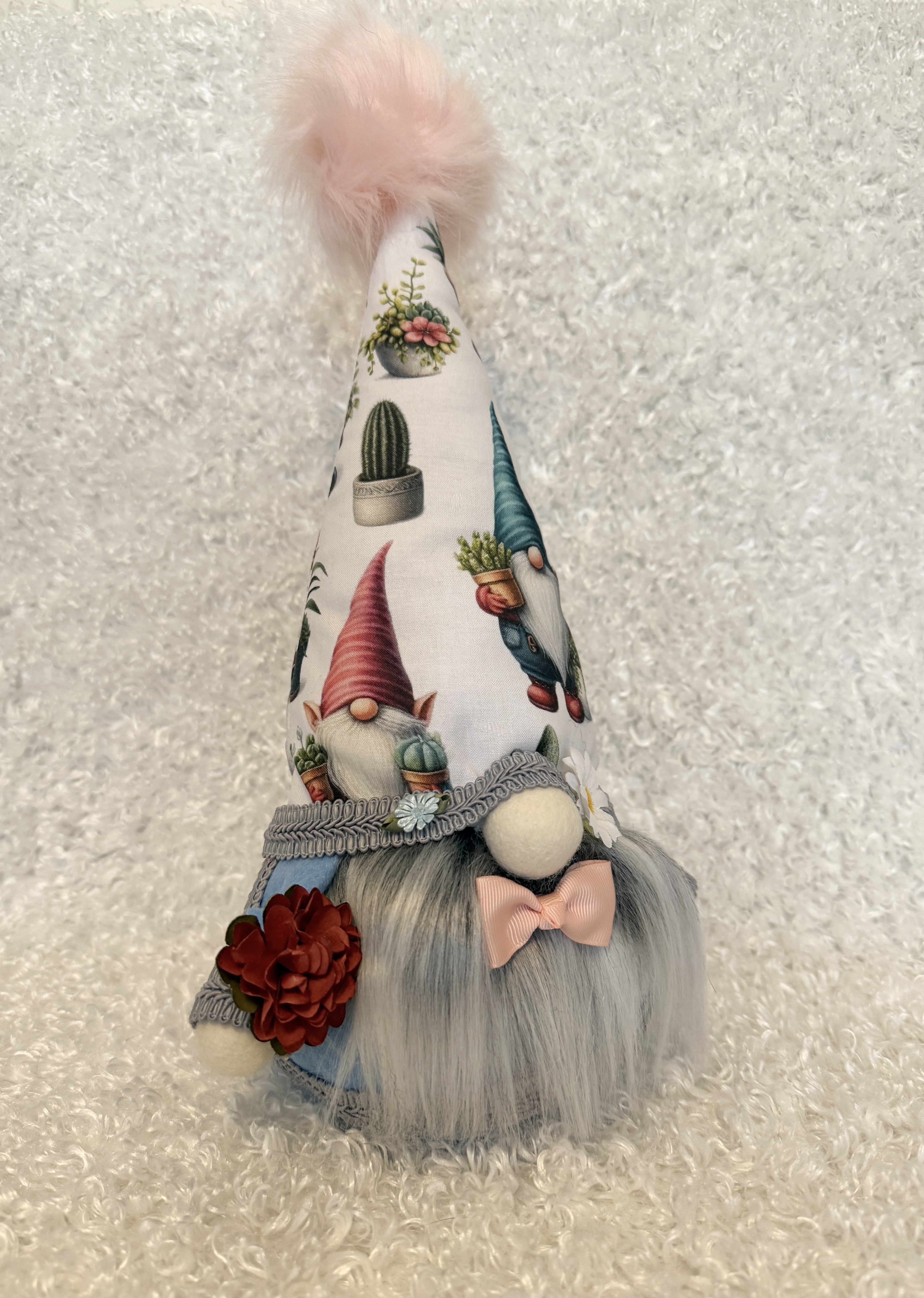 Gnome with Gnome-Covered Hat, Peach Bow Tie, and Gray Fluffy Beard, Handmade Whimsical Gnome Decor