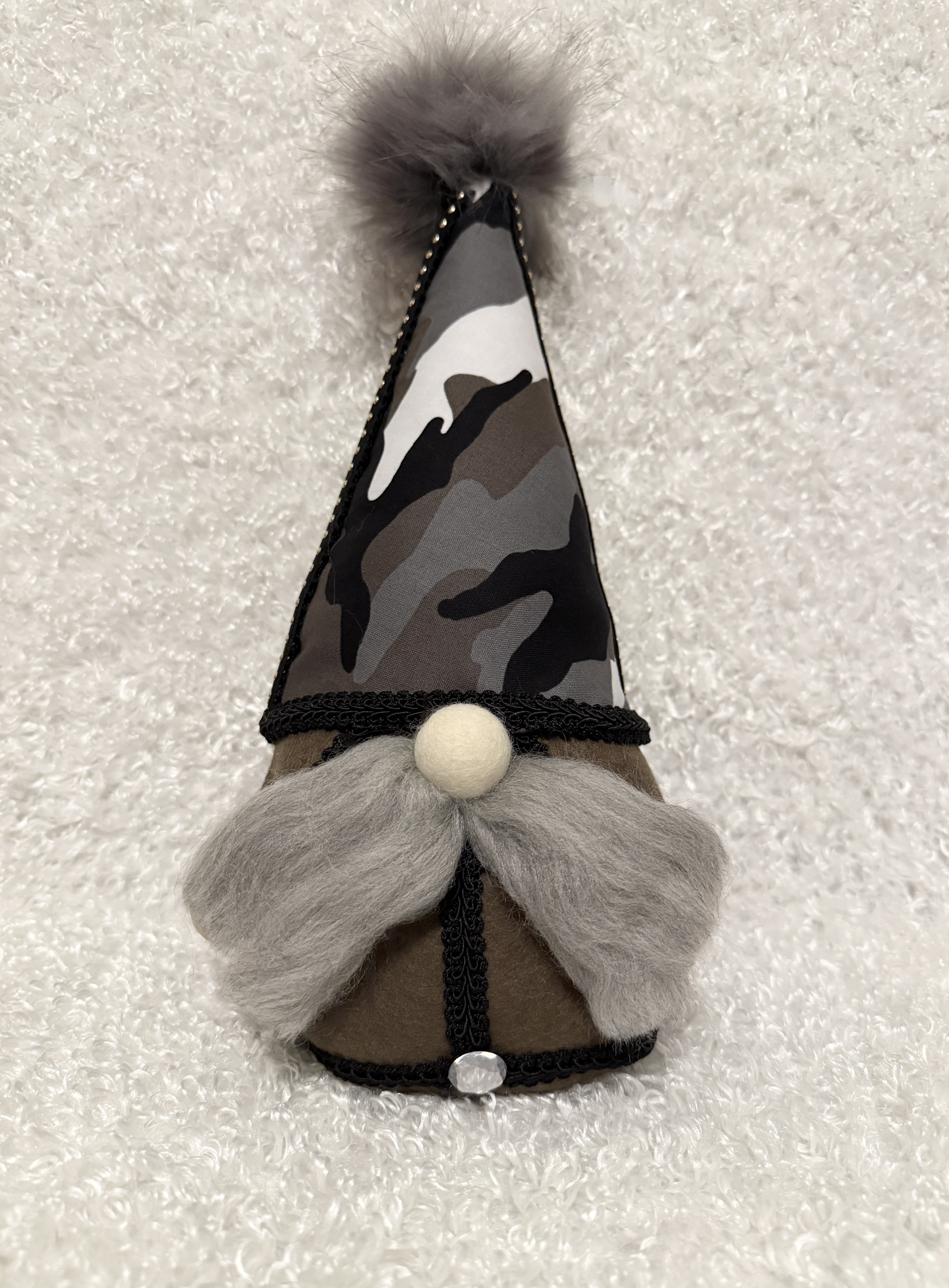 Decorative Plush Gnome with Camo Hat and Fluffy Mustache