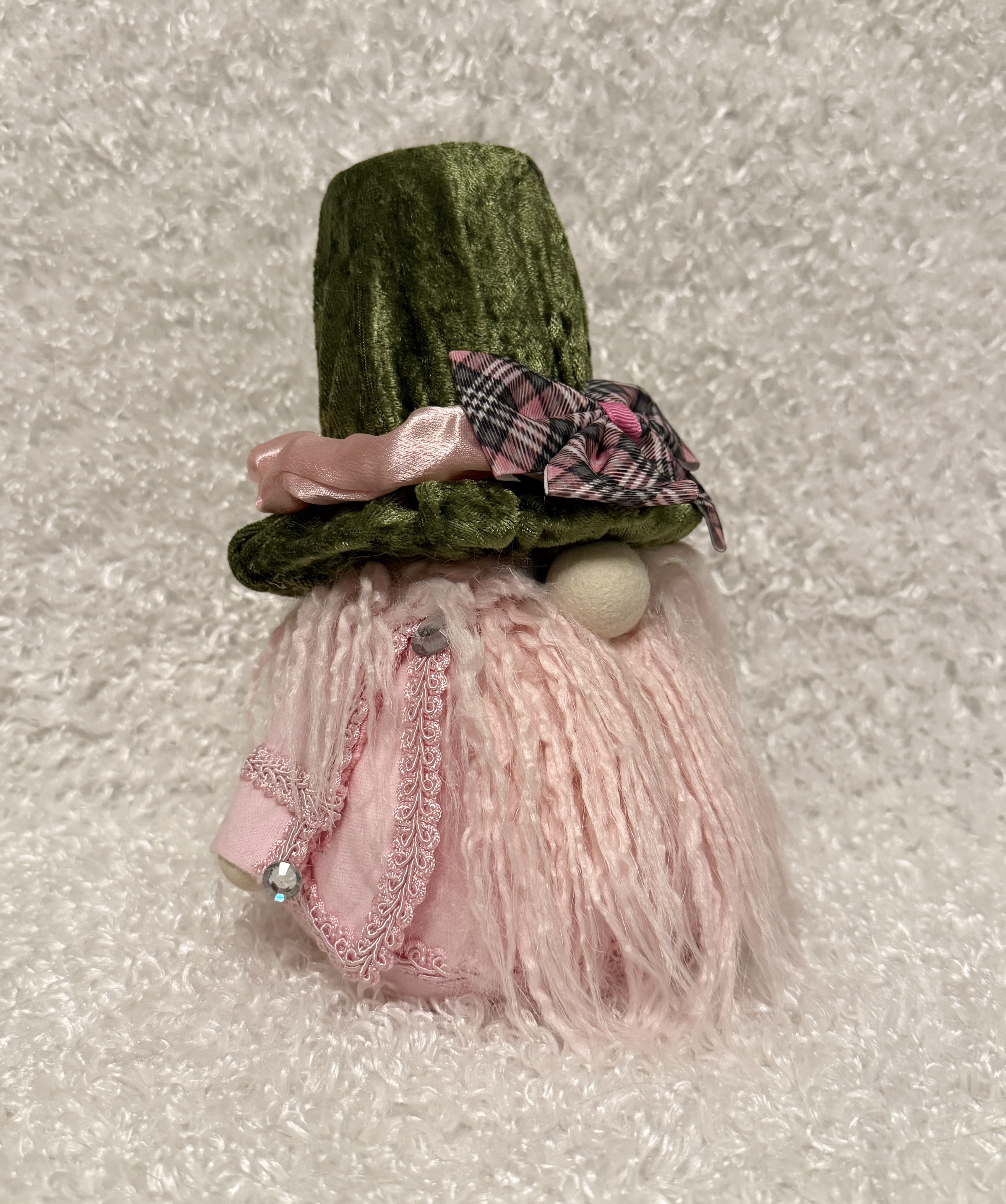Gnome with Green Velvet Hat and Pink Plaid Bow