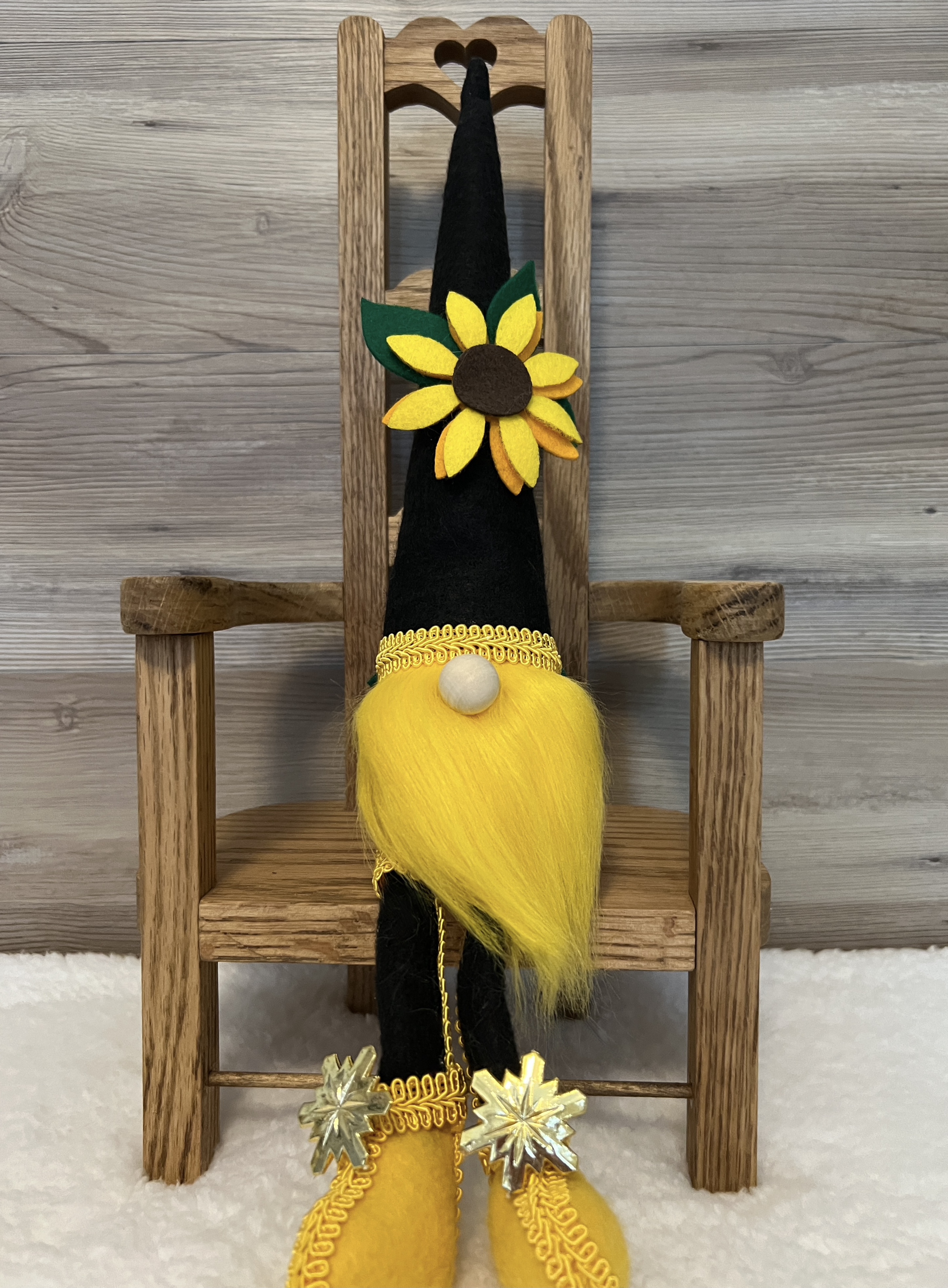 Handcrafted Sitting Sunflower Gnome with Yellow Beard