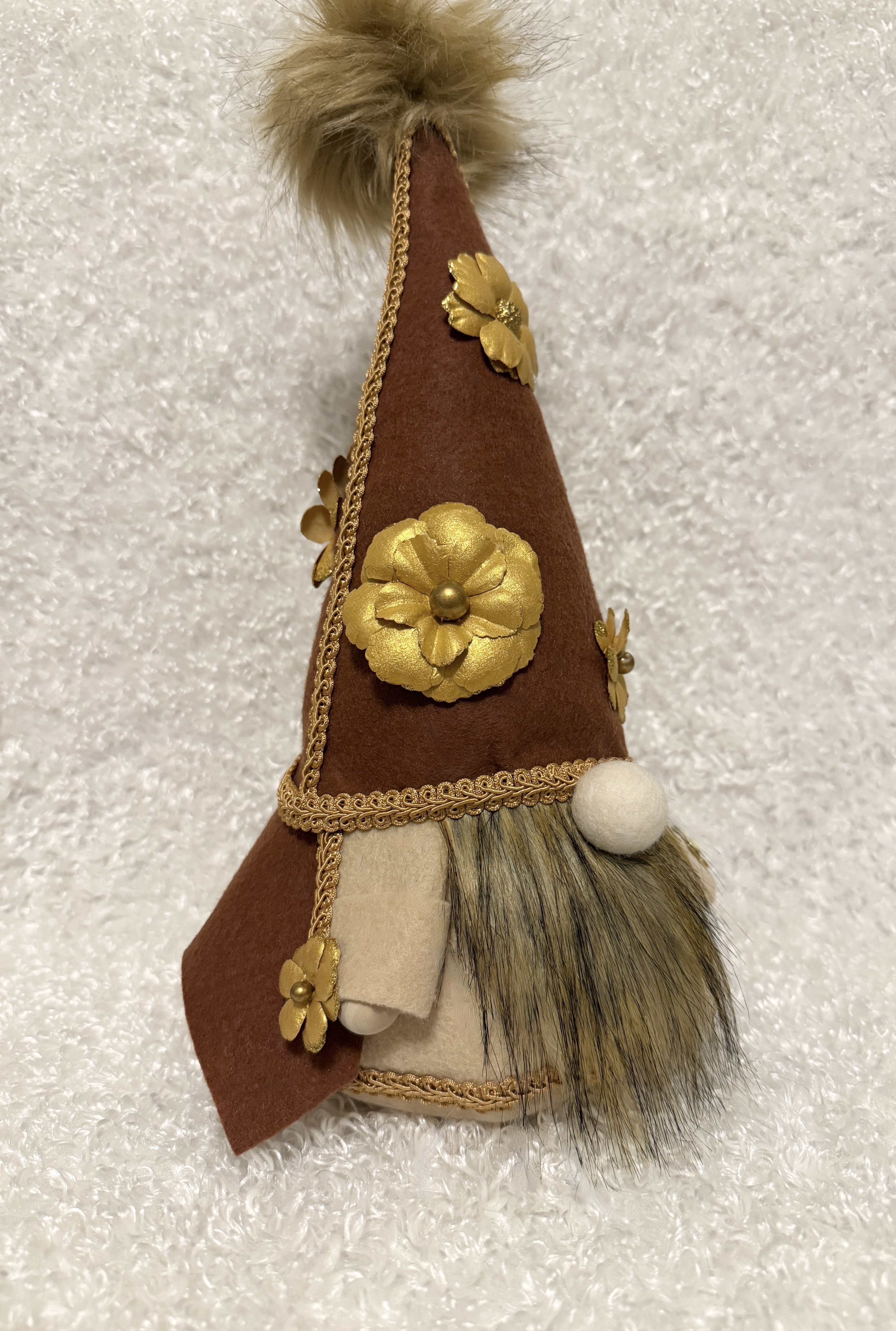 Autumn Rustic Gnome with Gold Floral Decorations