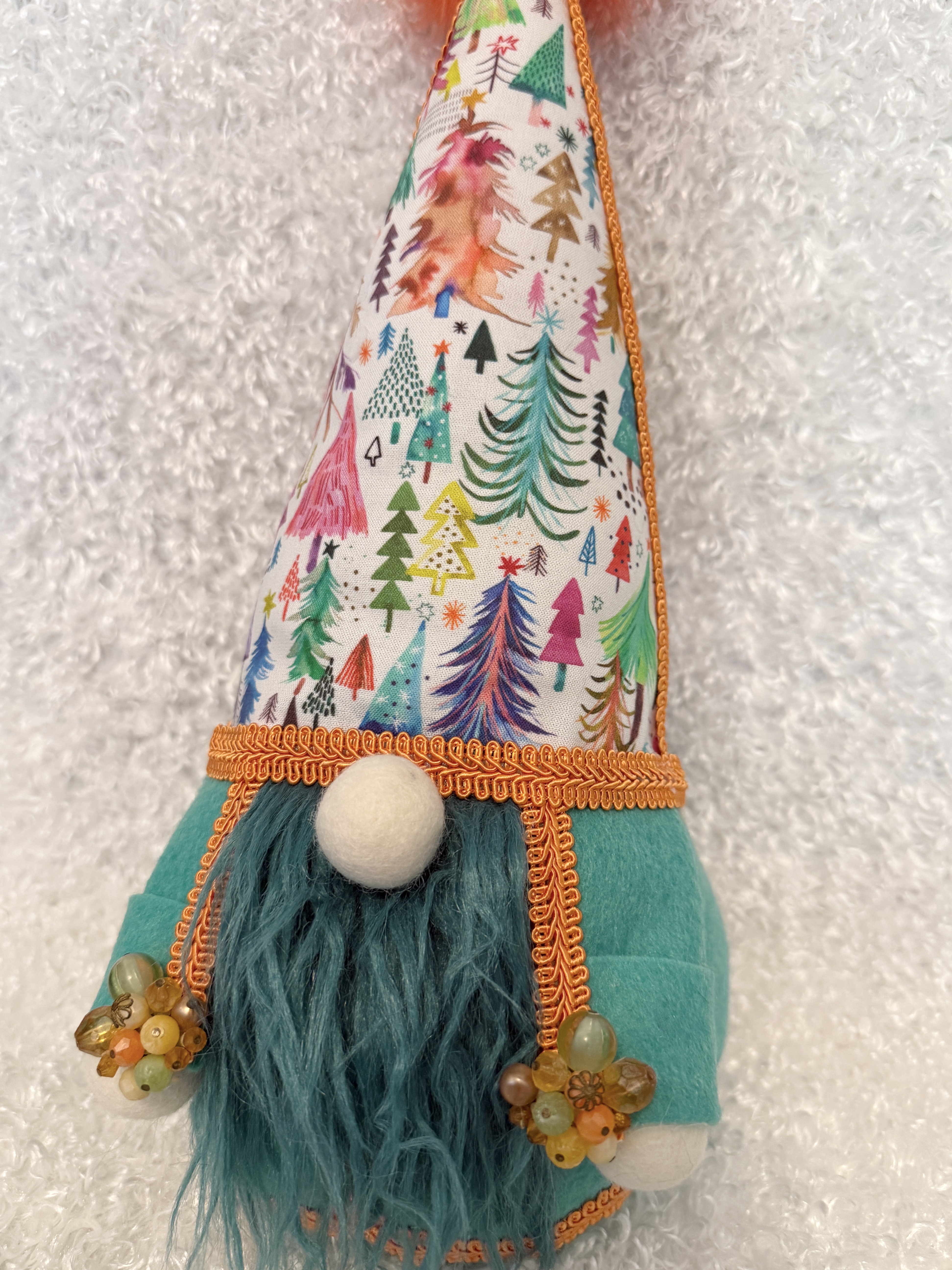 Festive Colorful Christmas Tree Gnome with Fluffy Green Beard, Seasonal Decor