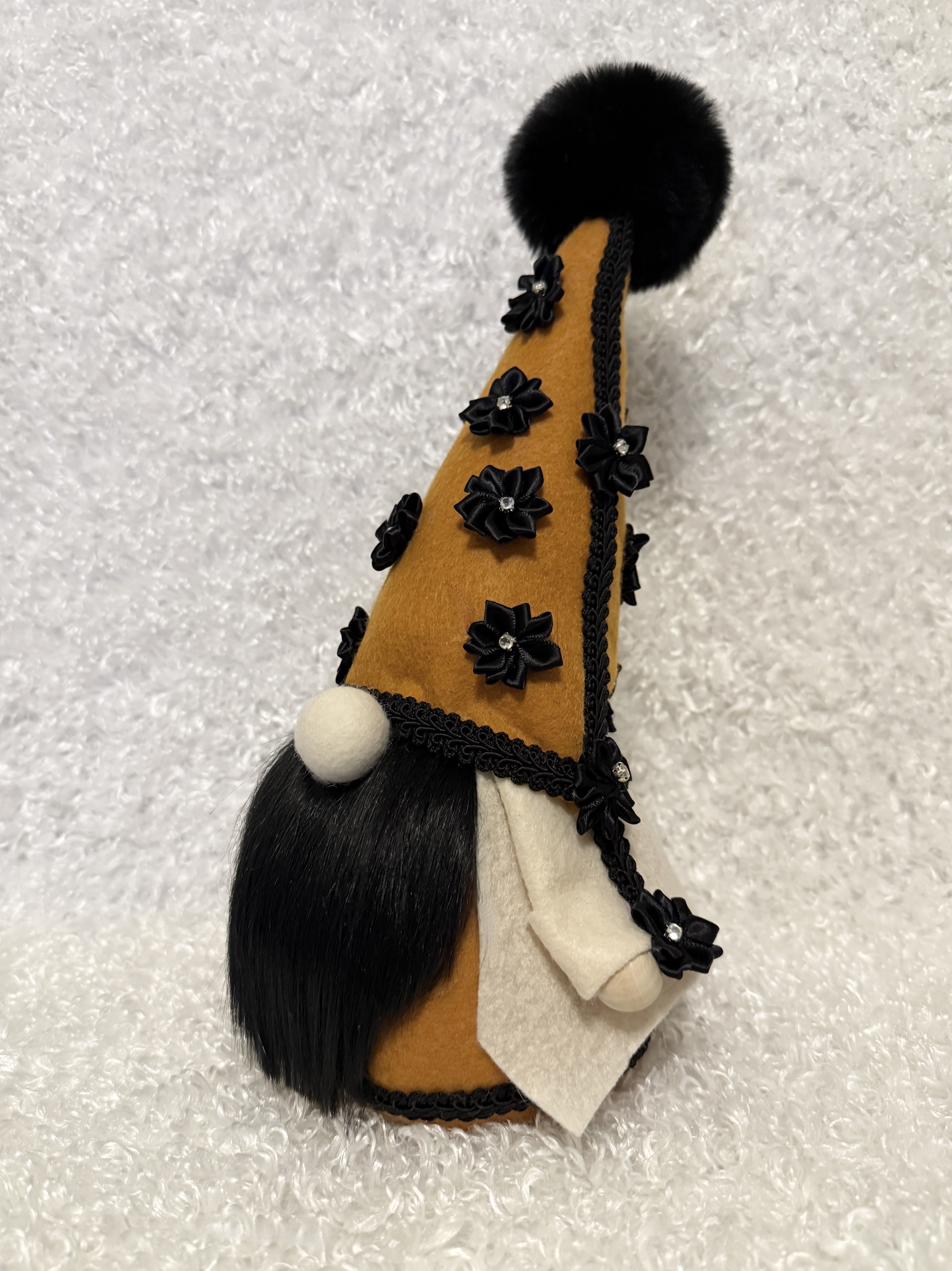 Decorative Plush Gnome with Black Floral Embellishments