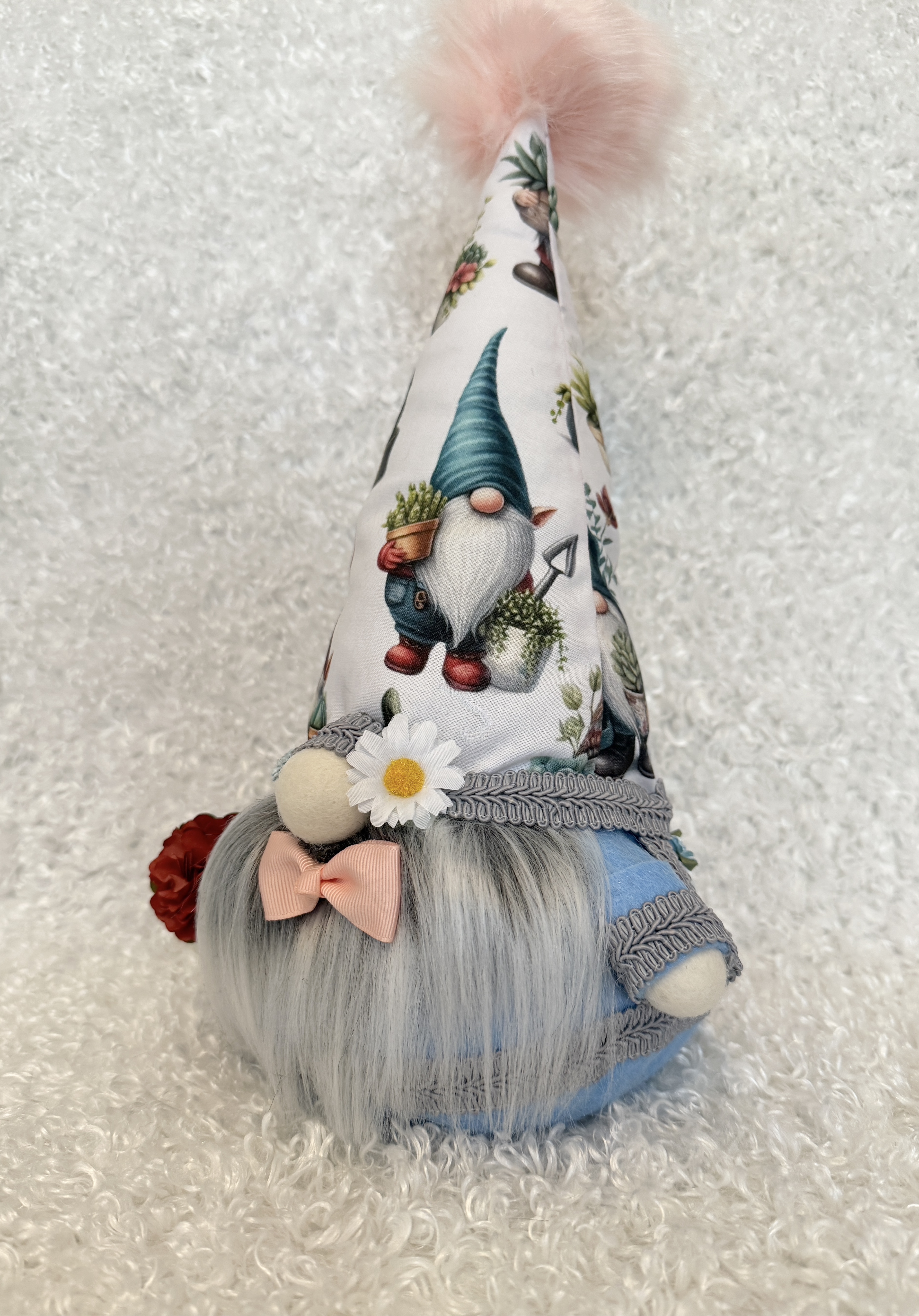 Gnome with Gnome-Covered Hat, Peach Bow Tie, and Gray Fluffy Beard, Handmade Whimsical Gnome Decor