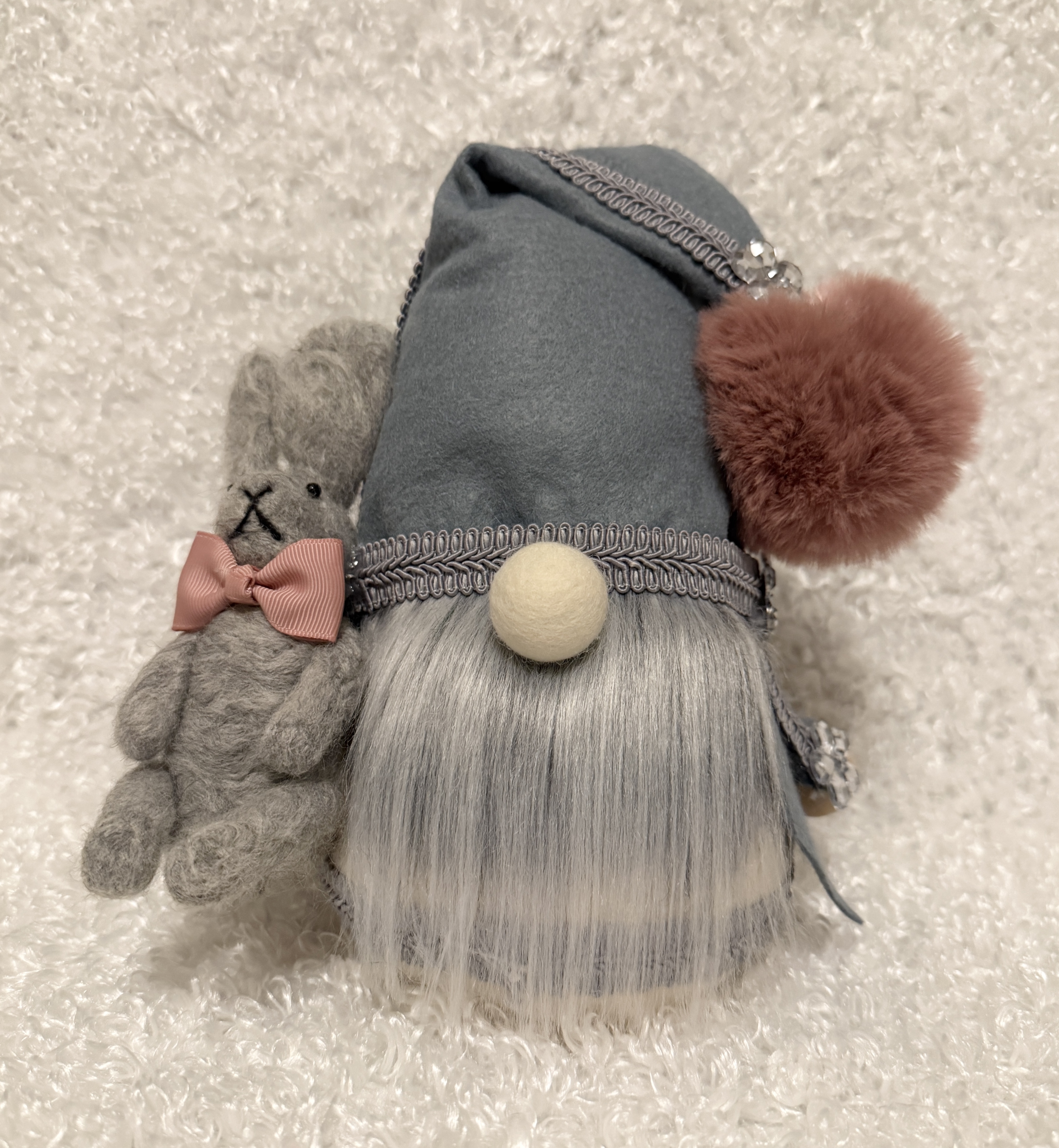 Cozy Gray Gnome with Needle Felted Bunny