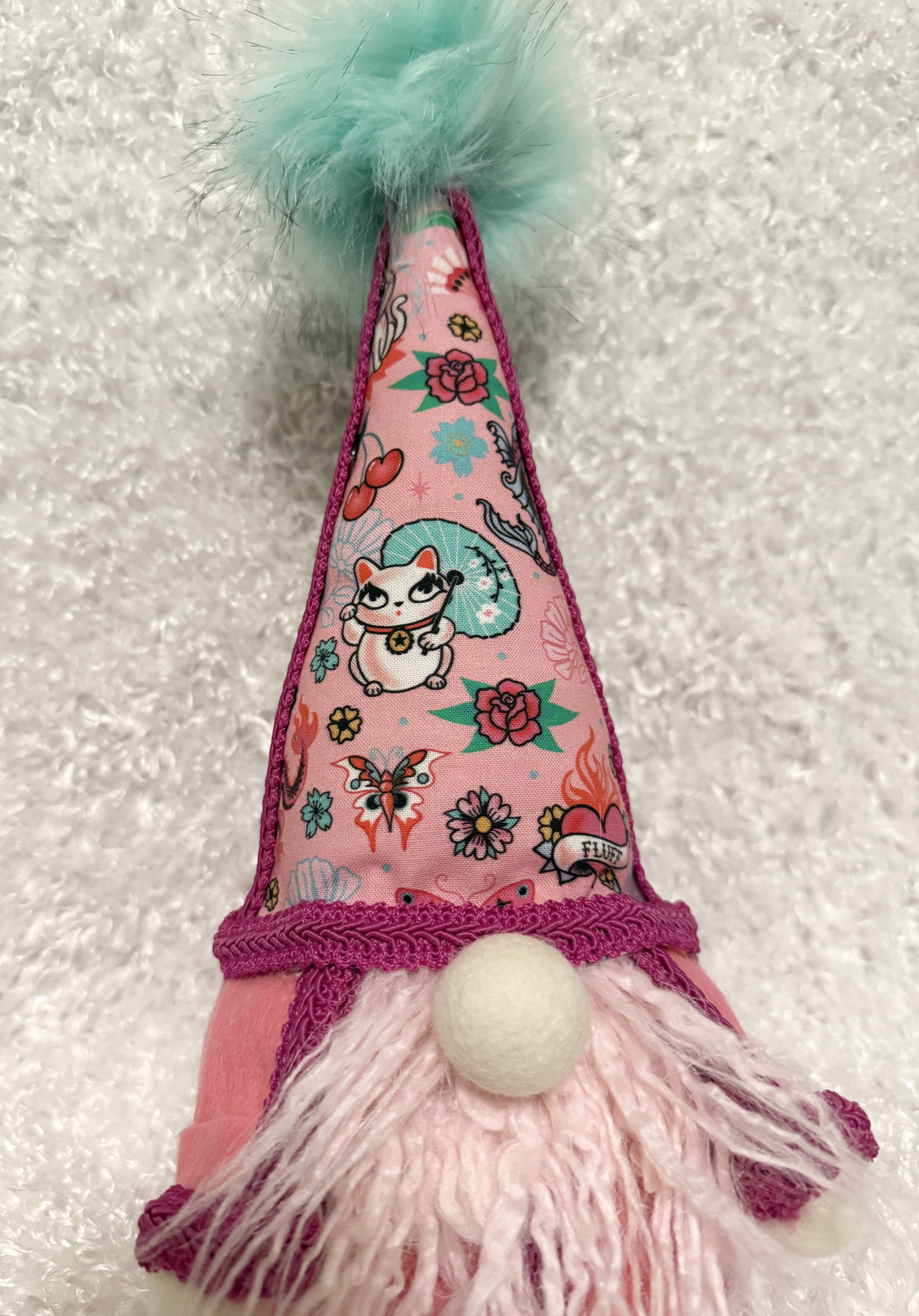 Maneki-Neko Gnome with Pink Fluffy Beard, Lucky Cat Gnome Decor, Good Fortune Figurine, Japanese Lucky Cat Gift