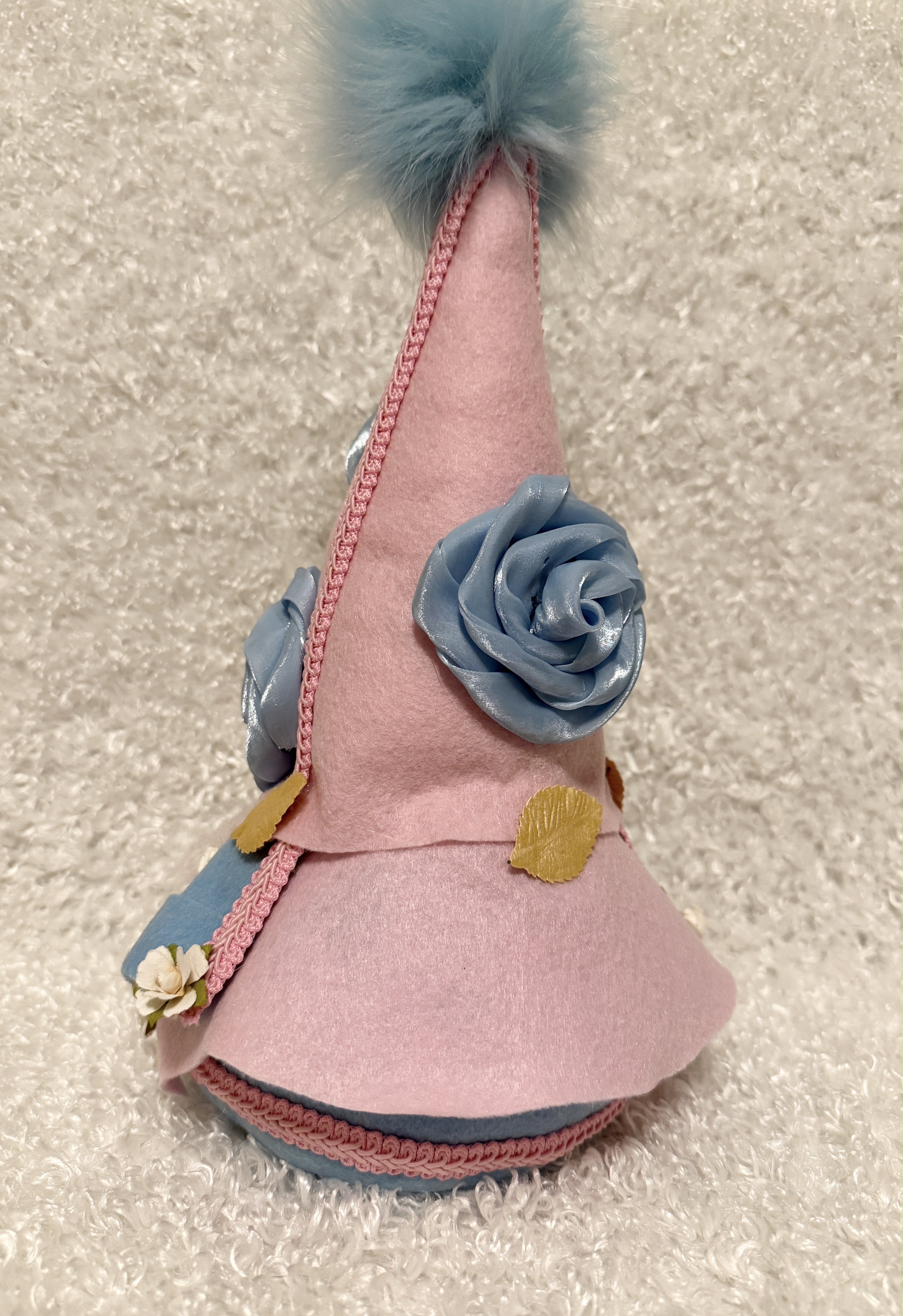 Pink and Blue Decorative Gnome with Fluffy Beard and Floral Accents