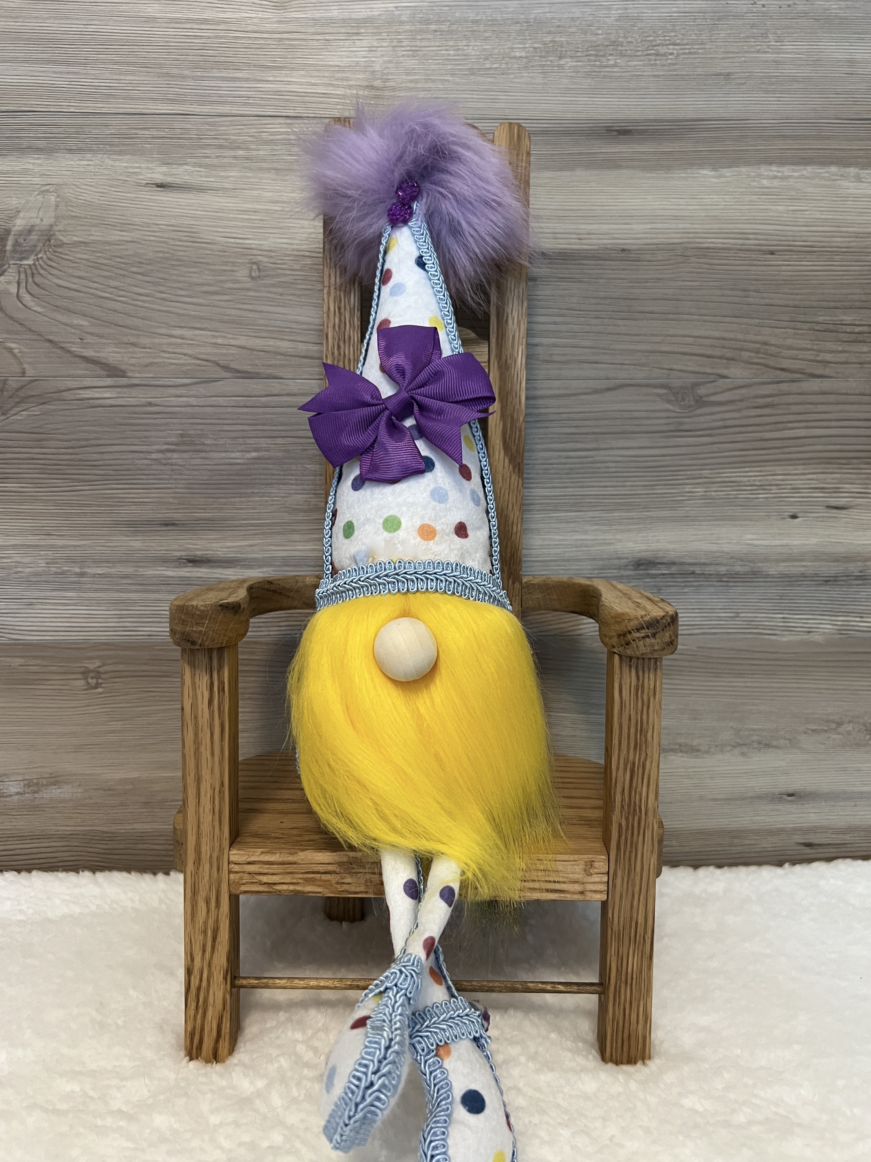 Polka Dot Sitting Gnome Doll with Bright Purple Bow