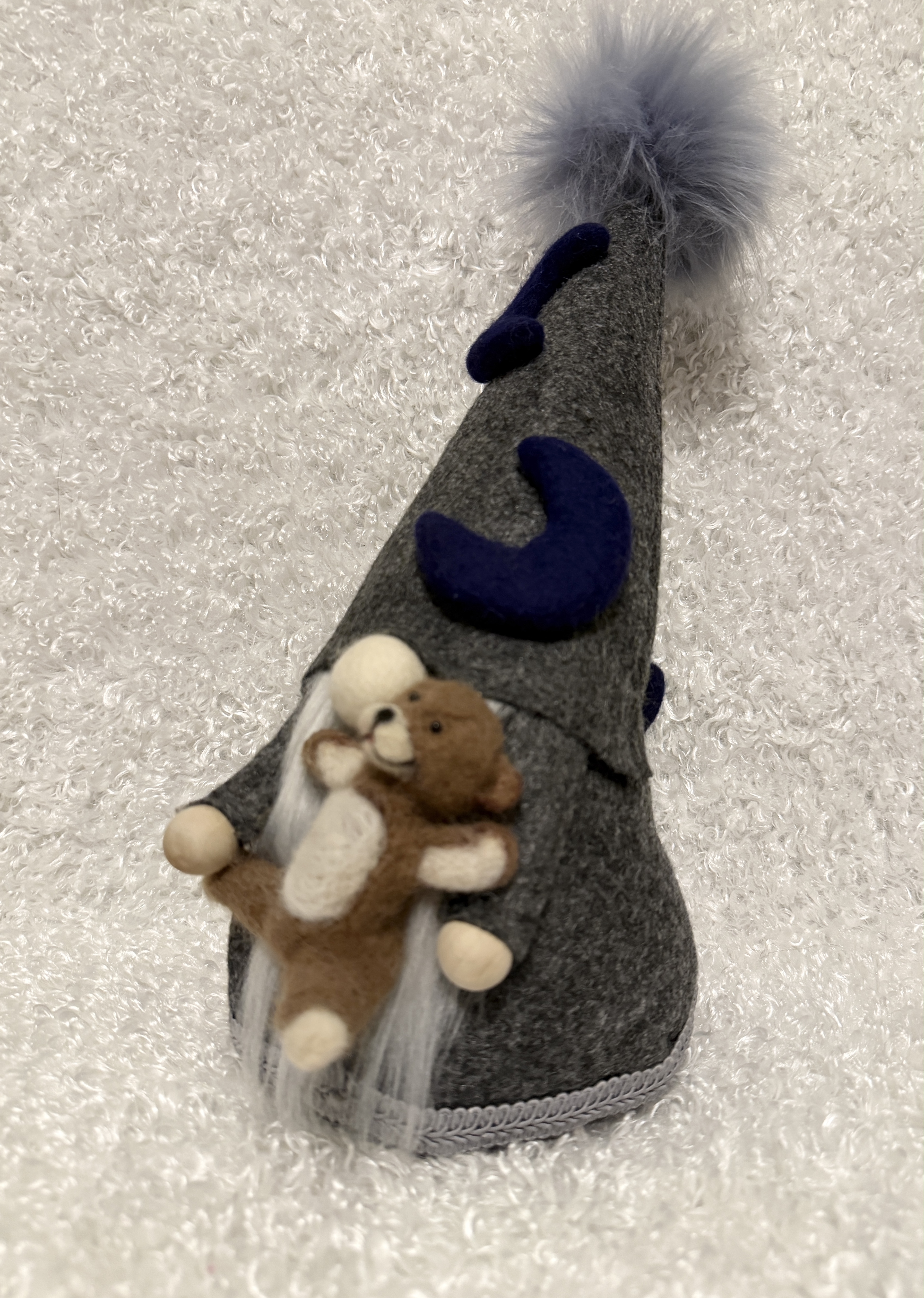 Handcrafted Gnome with Blue Moons and Brown Teddy Bear