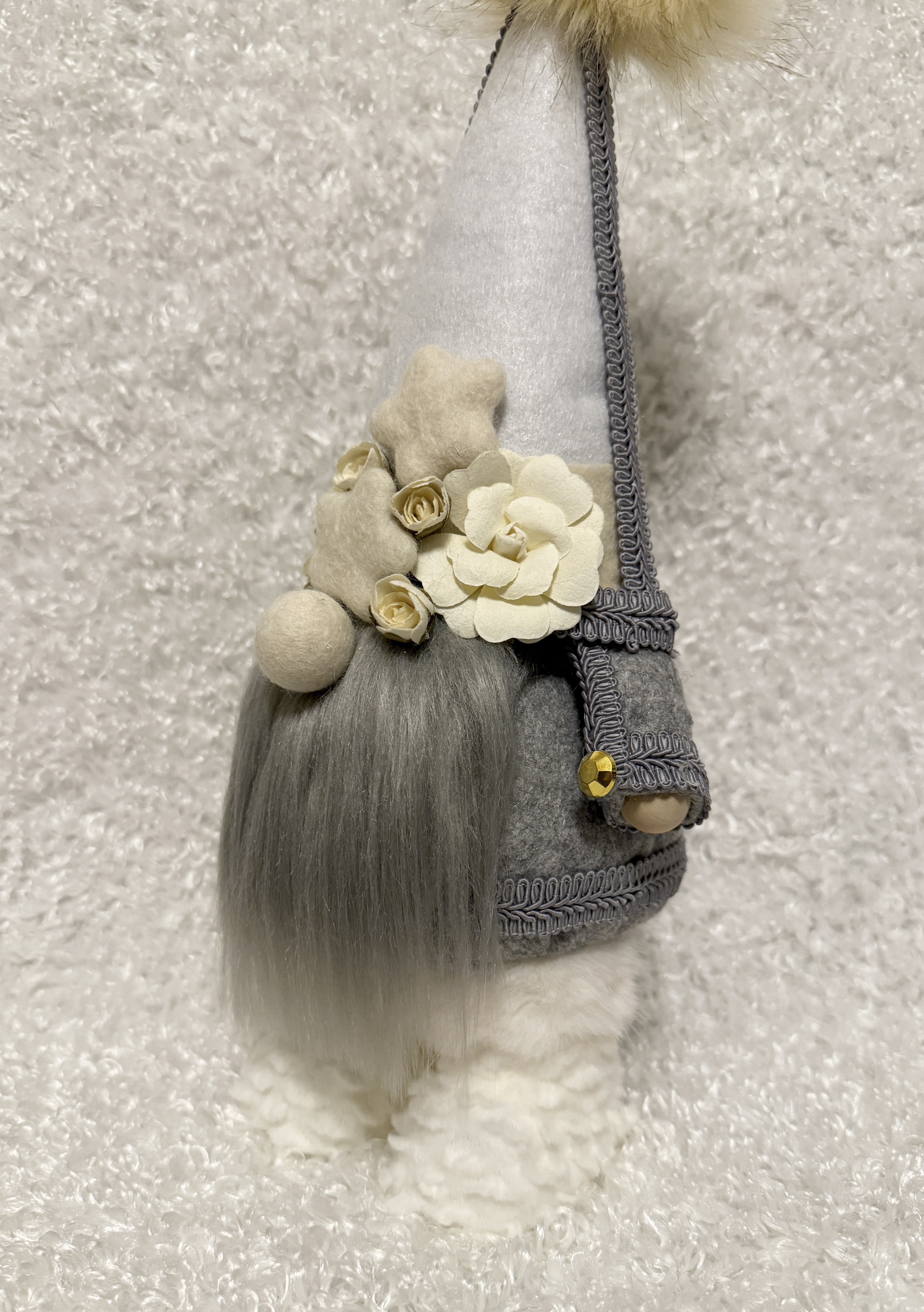 Cozy Nordic-Style Standing Gnome with Gray Beard and Floral Details