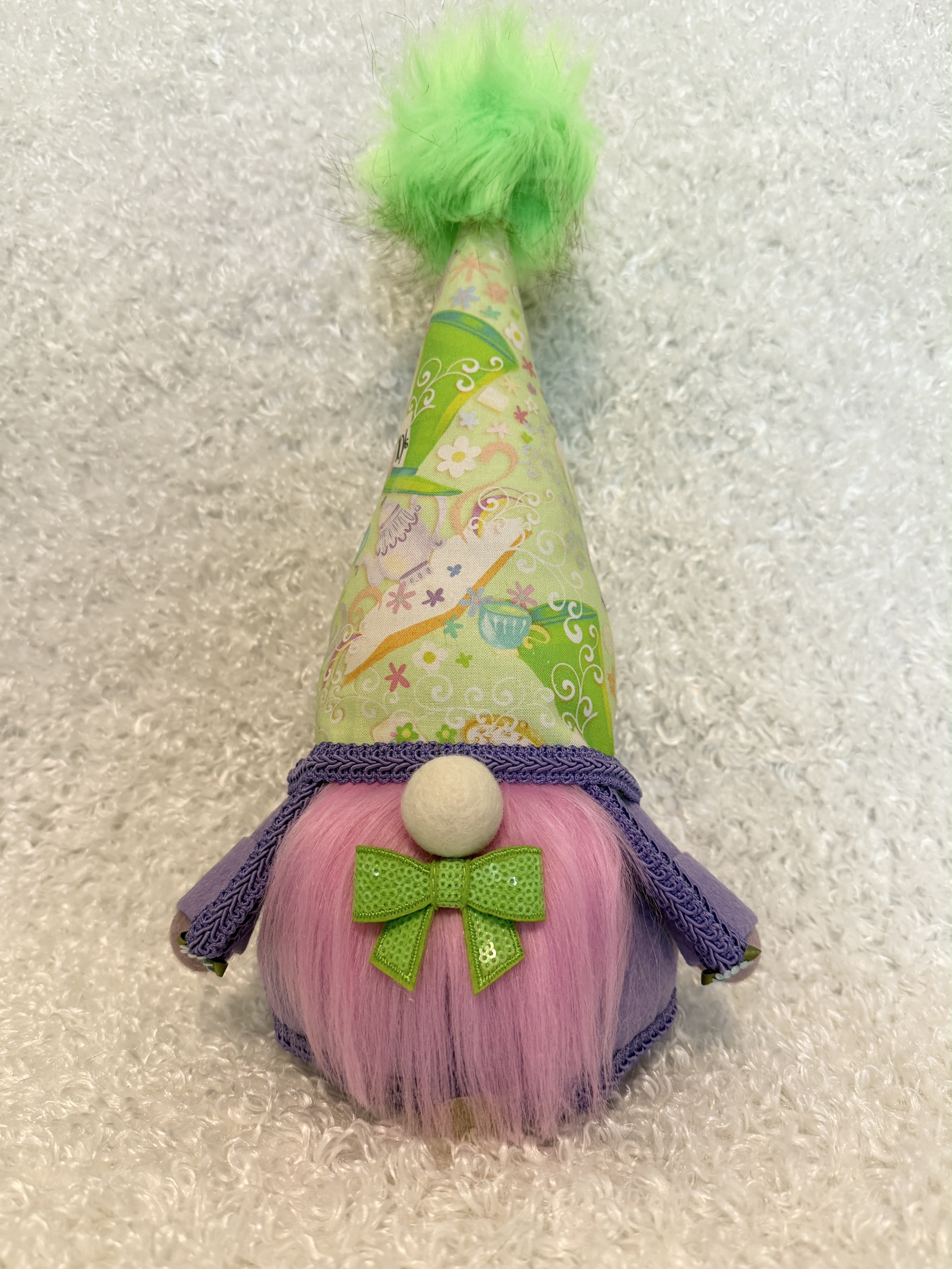 Mad Hatter Alice in Wonderland Gnome with Sparkly Green Bow Tie, Handmade Whimsical Wonderland Decor Gift