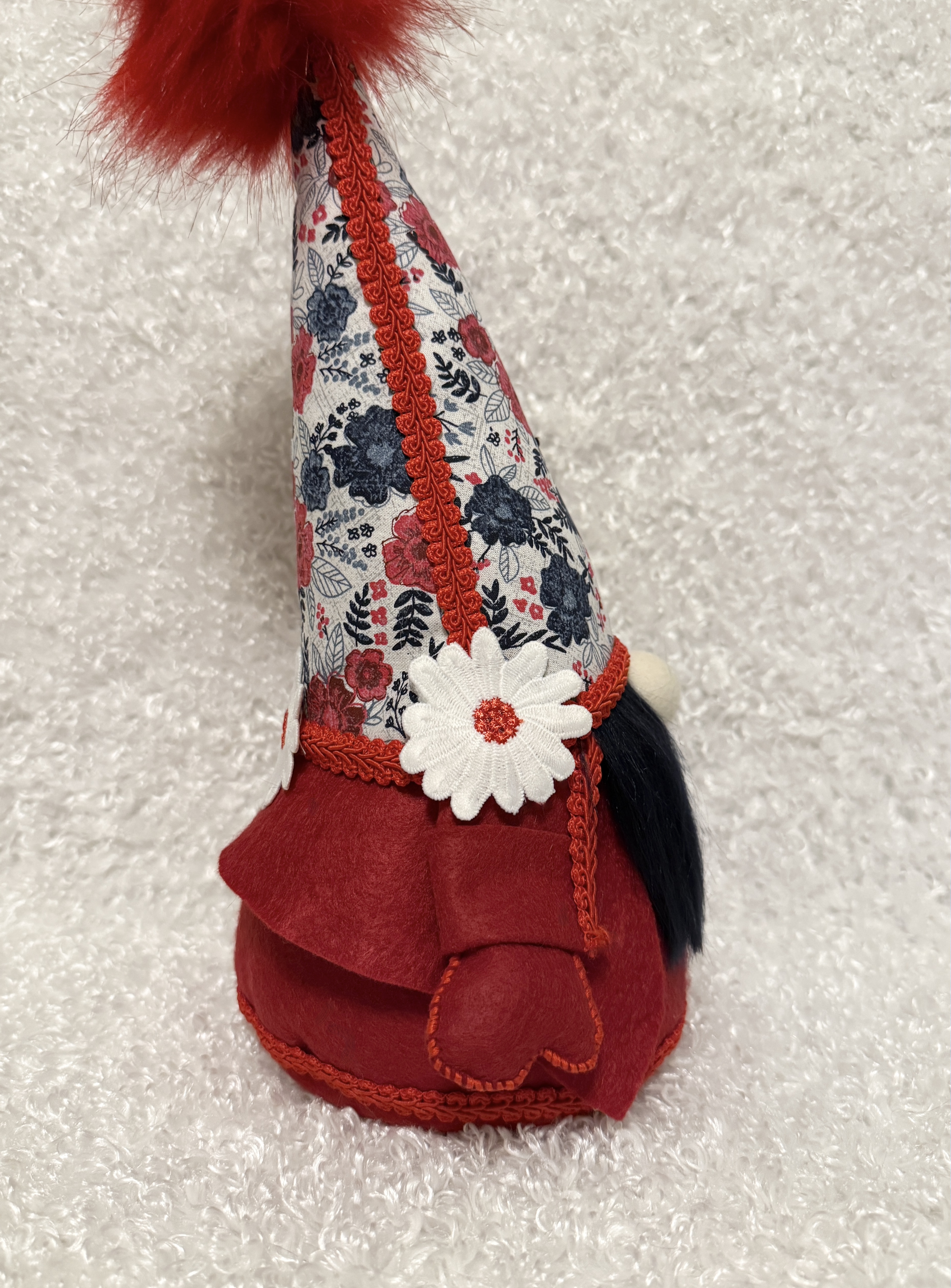 Festive Red, White and Blue and Floral Hat Gnome with Navy Blue Beard