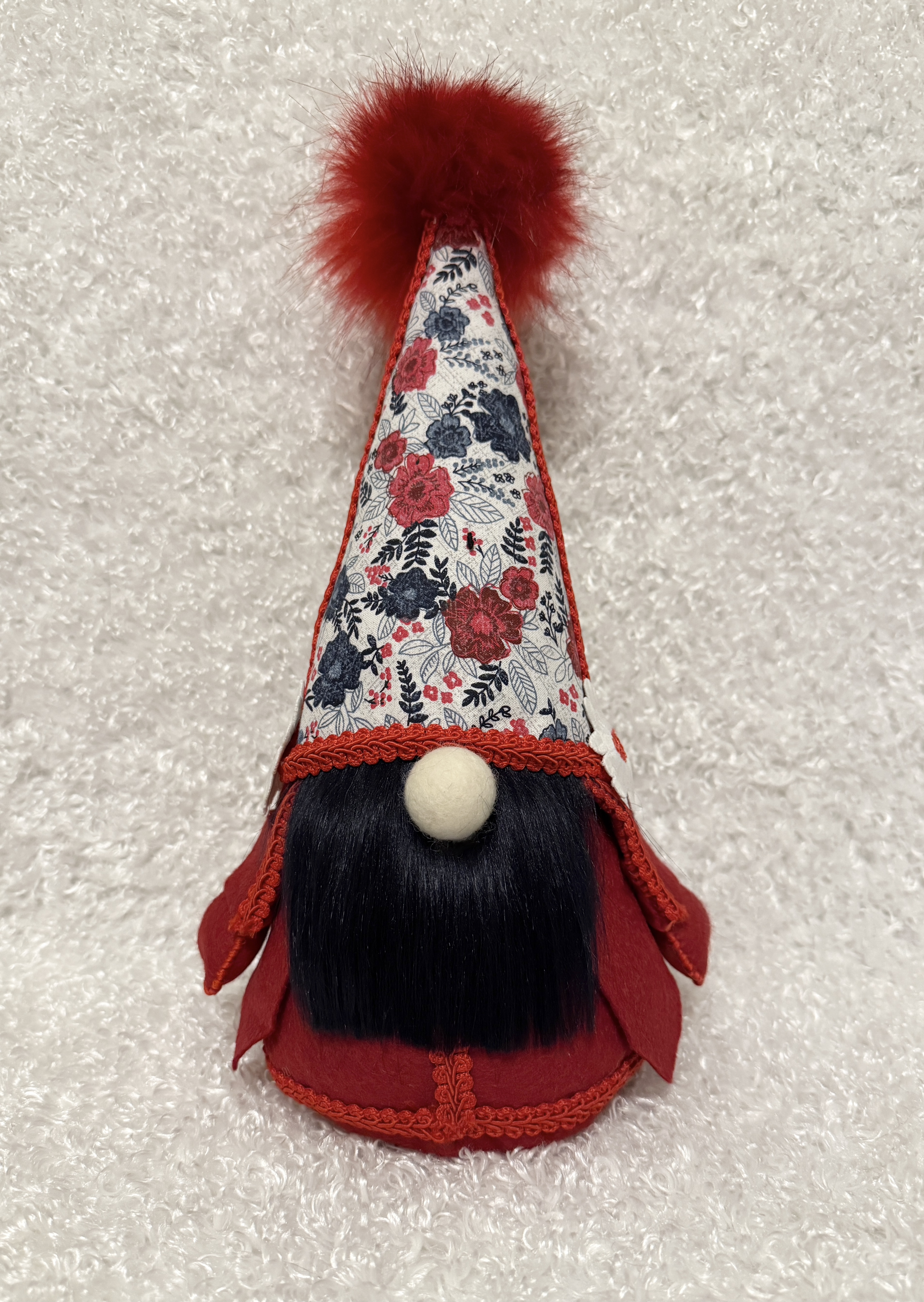 Festive Red, White and Blue and Floral Hat Gnome with Navy Blue Beard