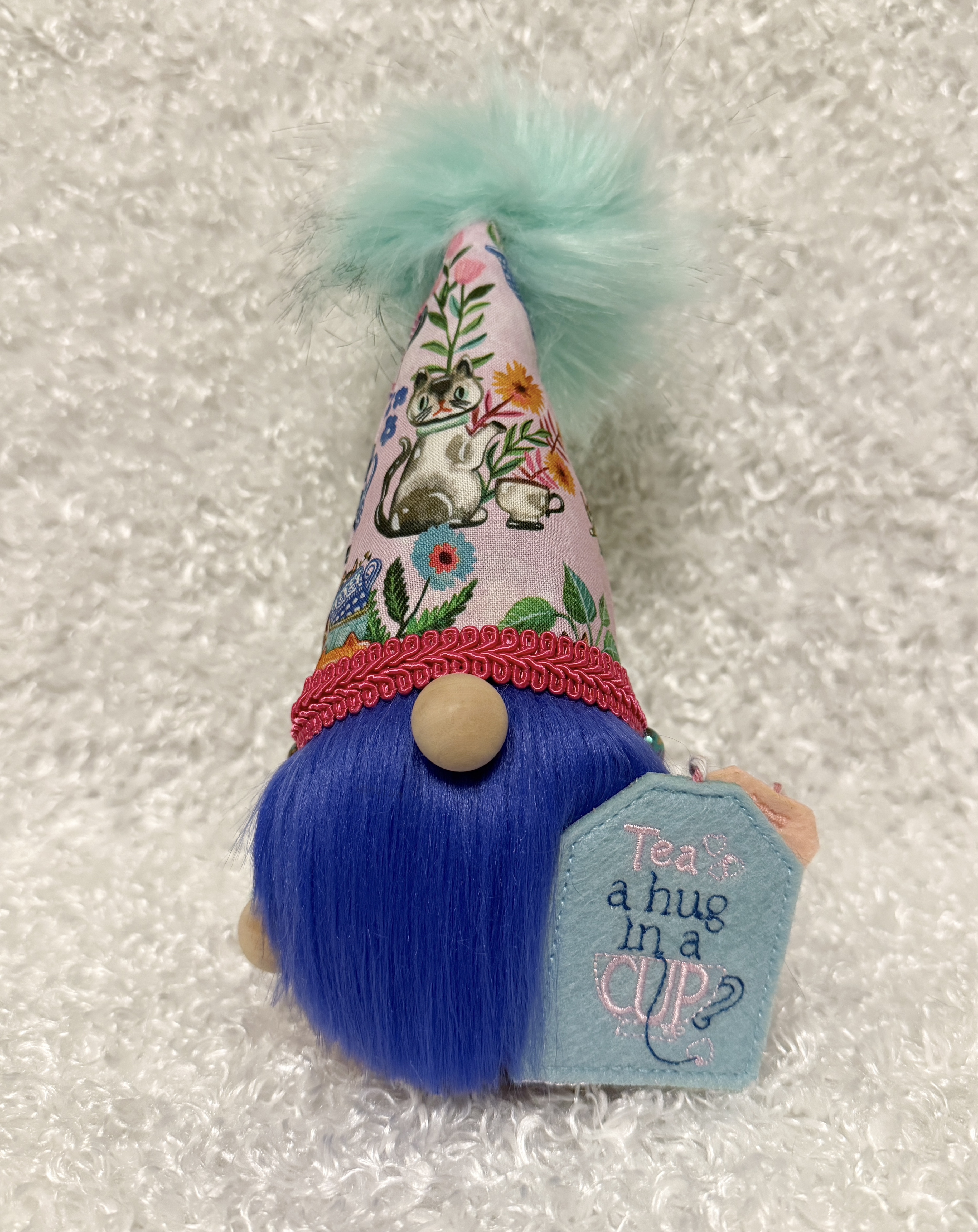 Whimsical Tea Time Gnome, Gnome with Hat Featuring Cat & Tea Cup, Gnome Carrying Tea Bag, Cottagecore Kitchen Decor, Cute Gift Idea