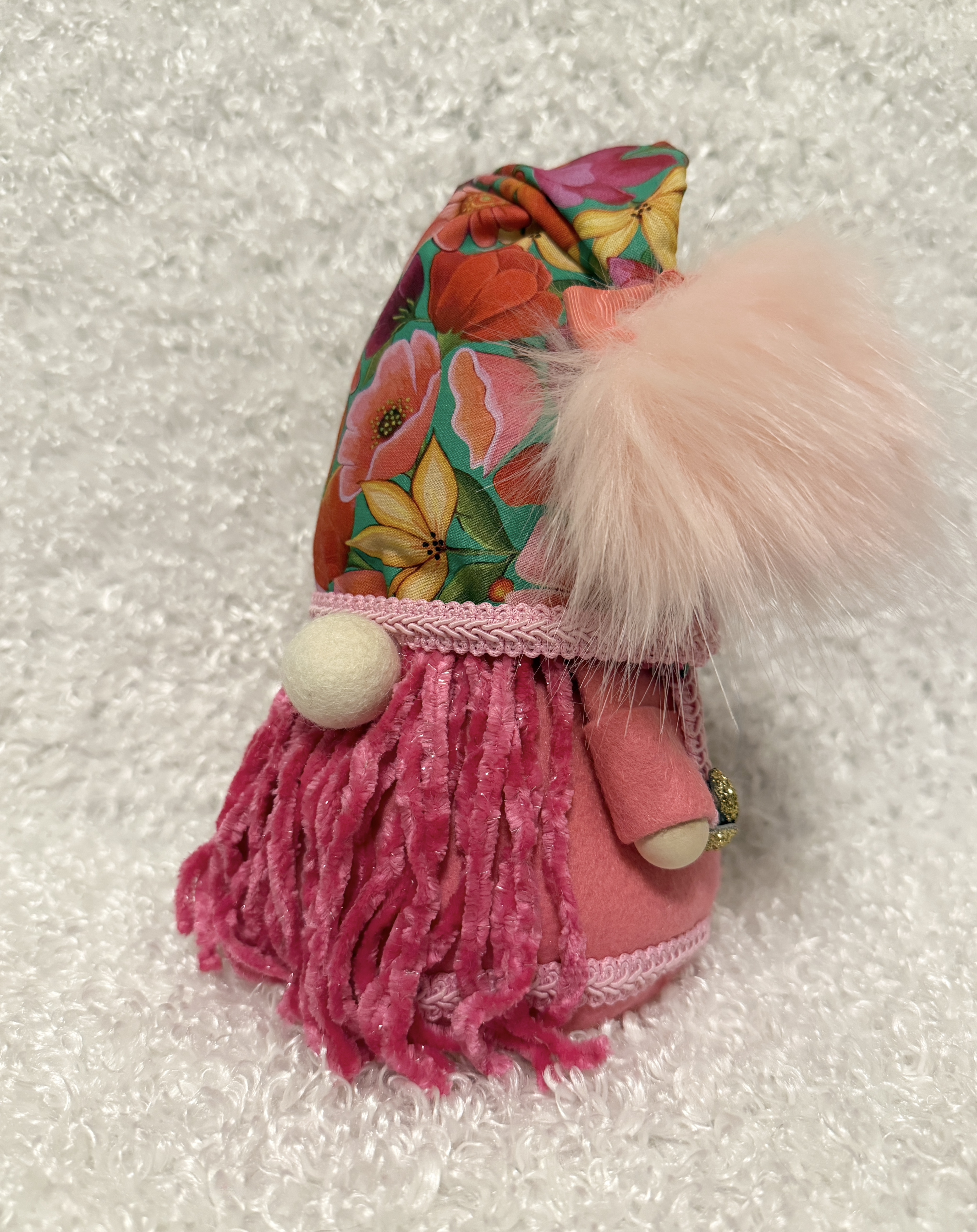 Decorative Gnome with Pink Yarn Beard and Floral Hat