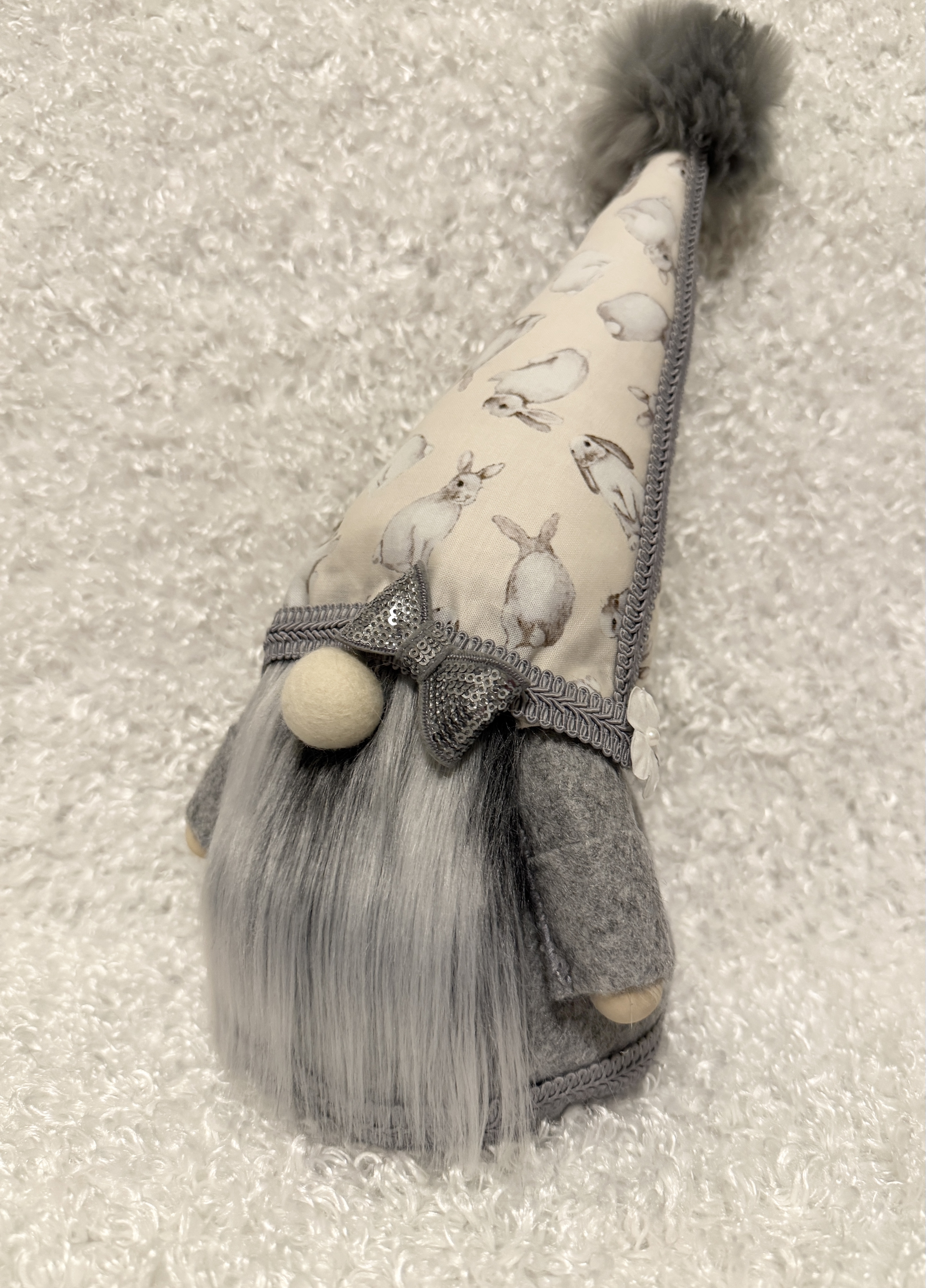 Handcrafted Whimsical Gnome with Silver Bow and White Rabbit Printed Hat