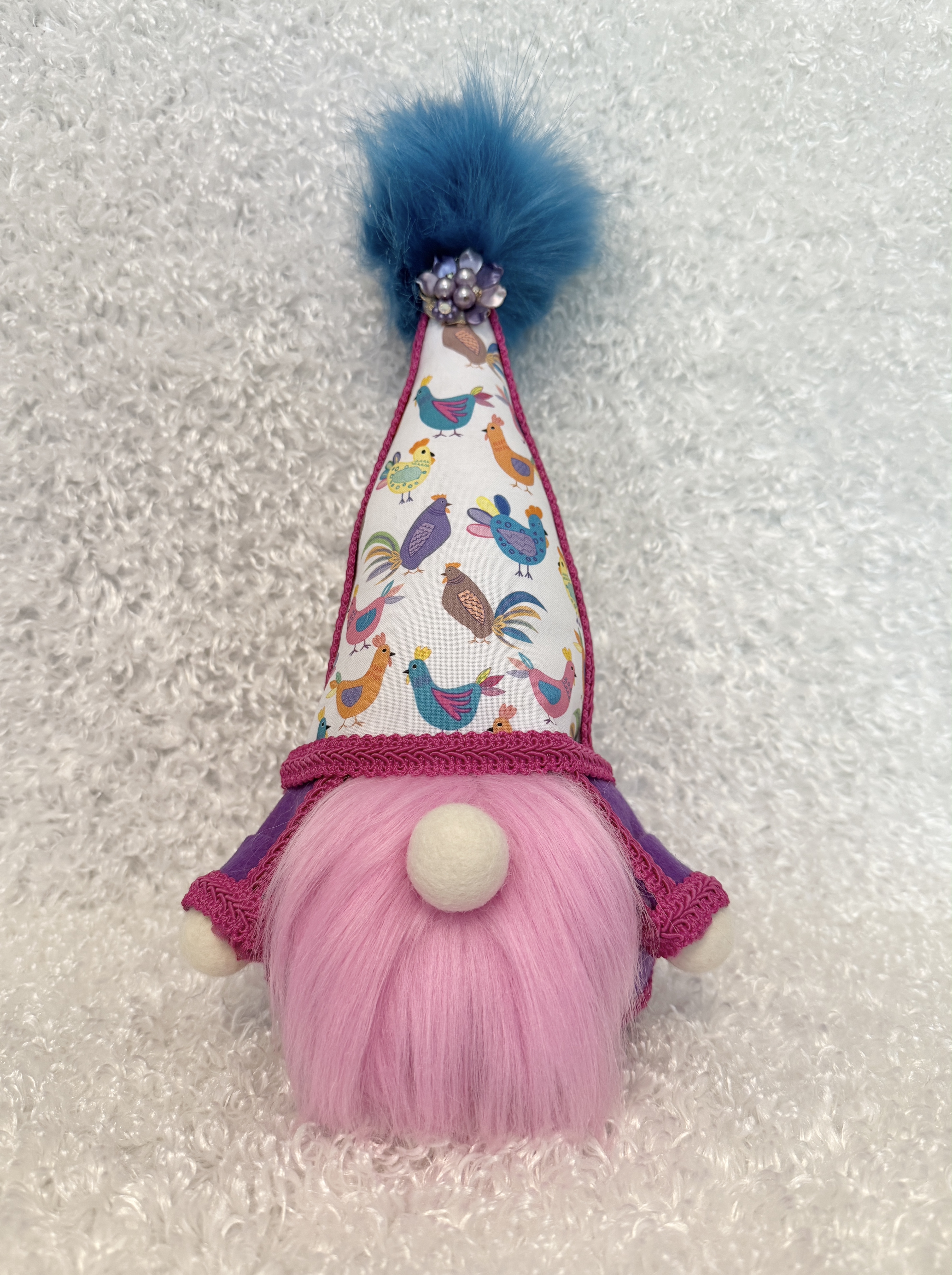 Gnome with Chicken and Rooster Covered Hat, Farmhouse Country Decor, Rustic Farm Animal Gnome