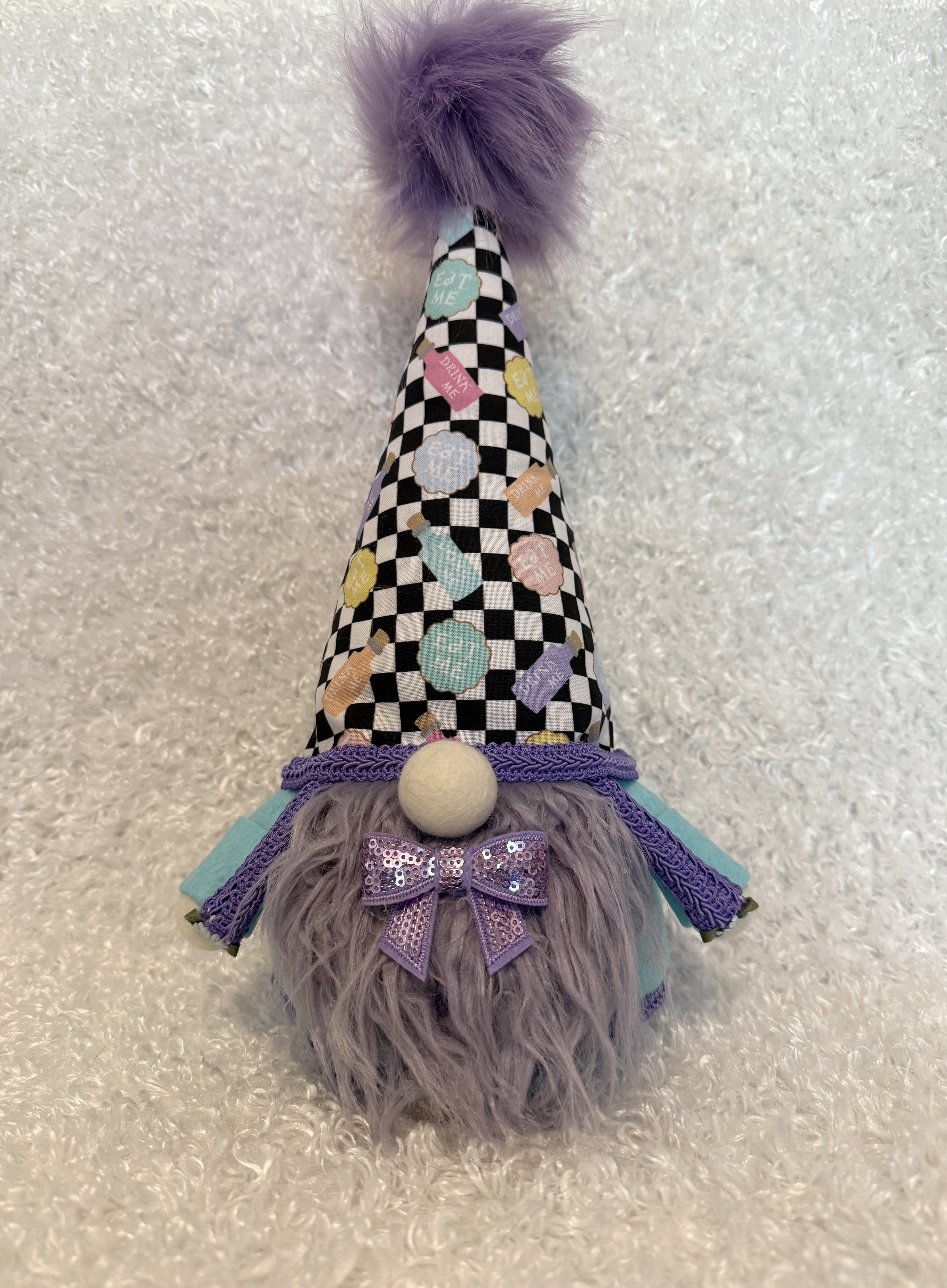 Alice in Wonderland Gnome with “Eat Me Drink Me” Hat, Handmade Whimsical Decor