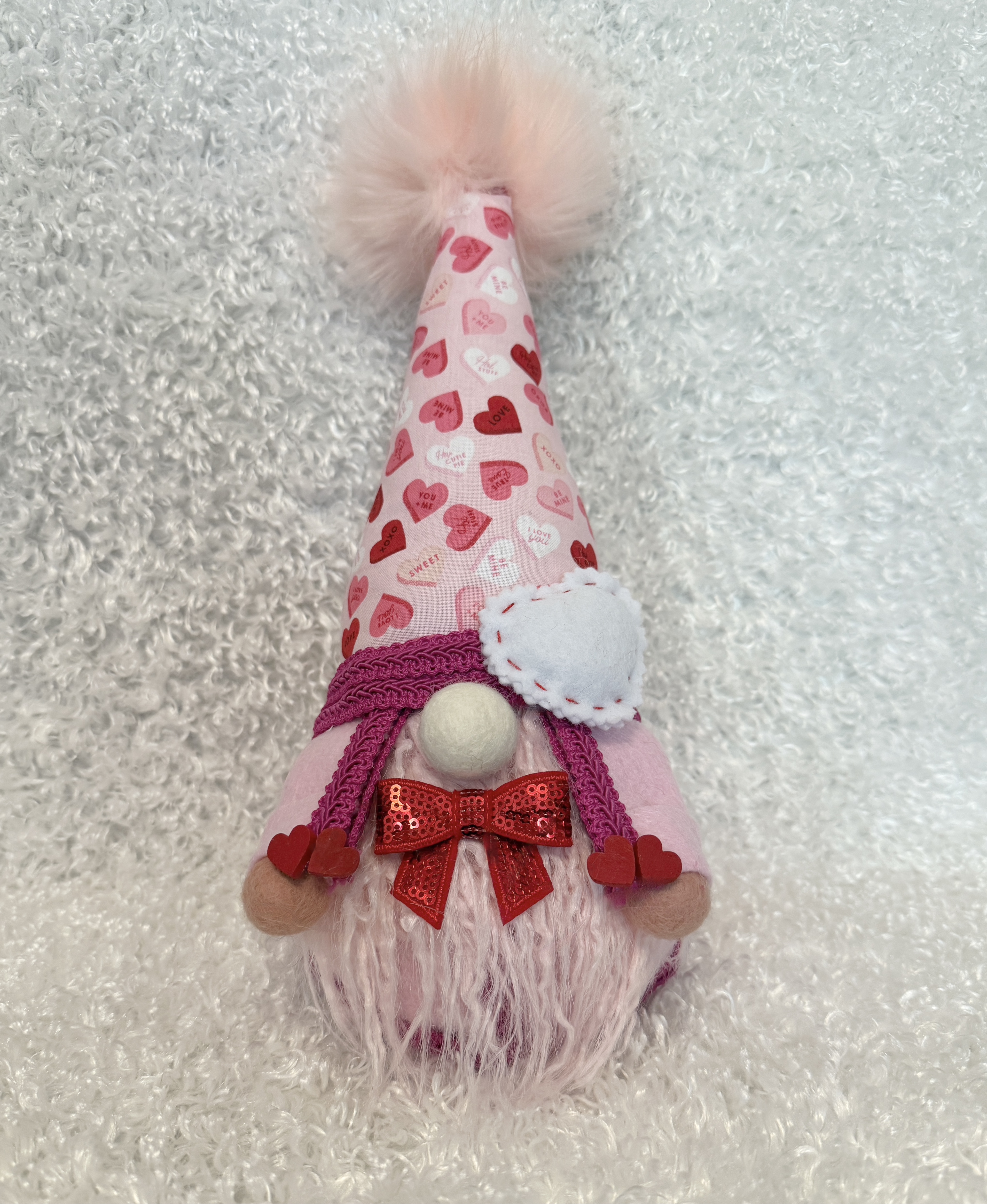 Valentine's Day Gnome with Fluffy Pink Beard and Glittery Red Bow Tie, Cute Holiday Decor Gift