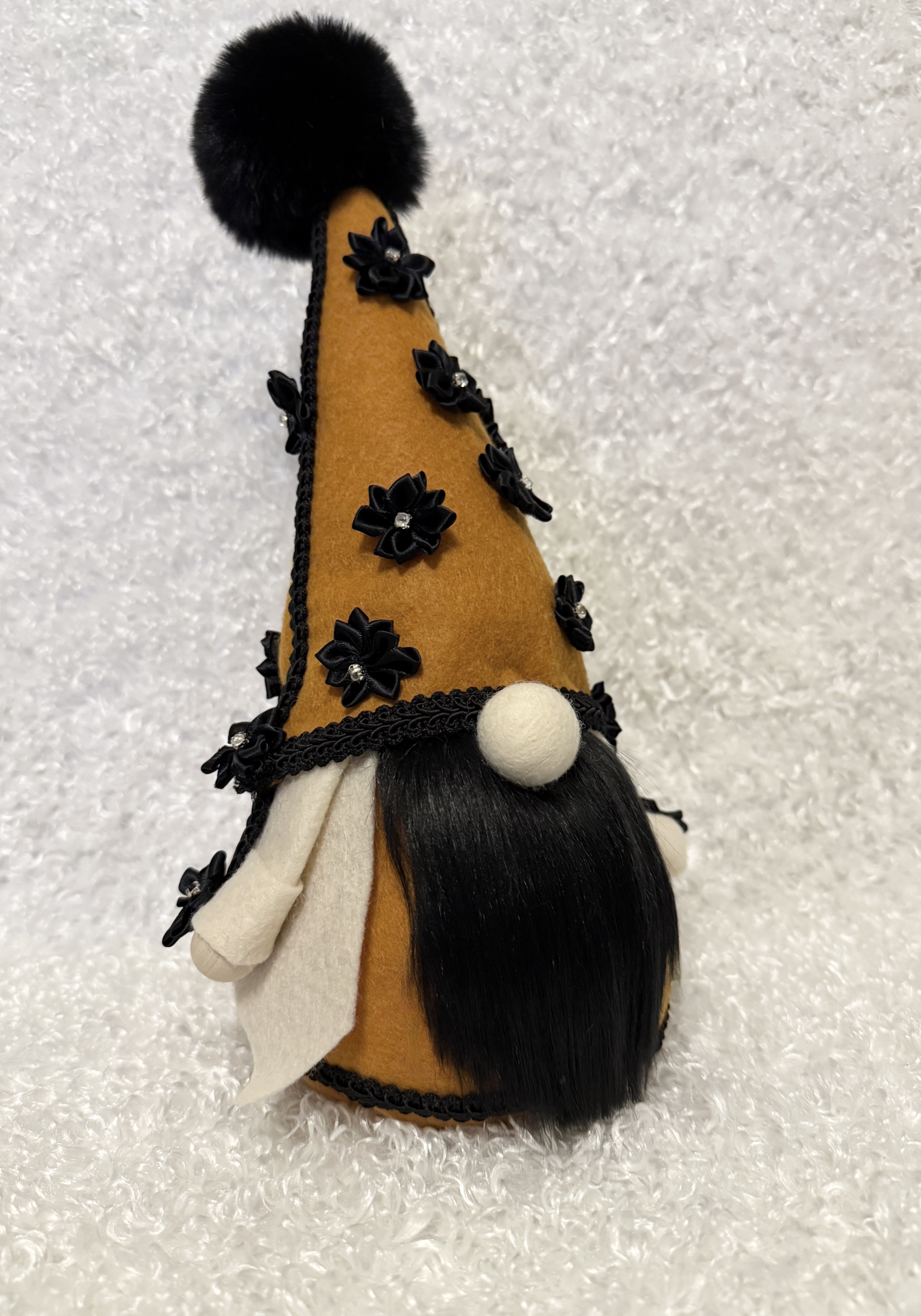 Decorative Plush Gnome with Black Floral Embellishments