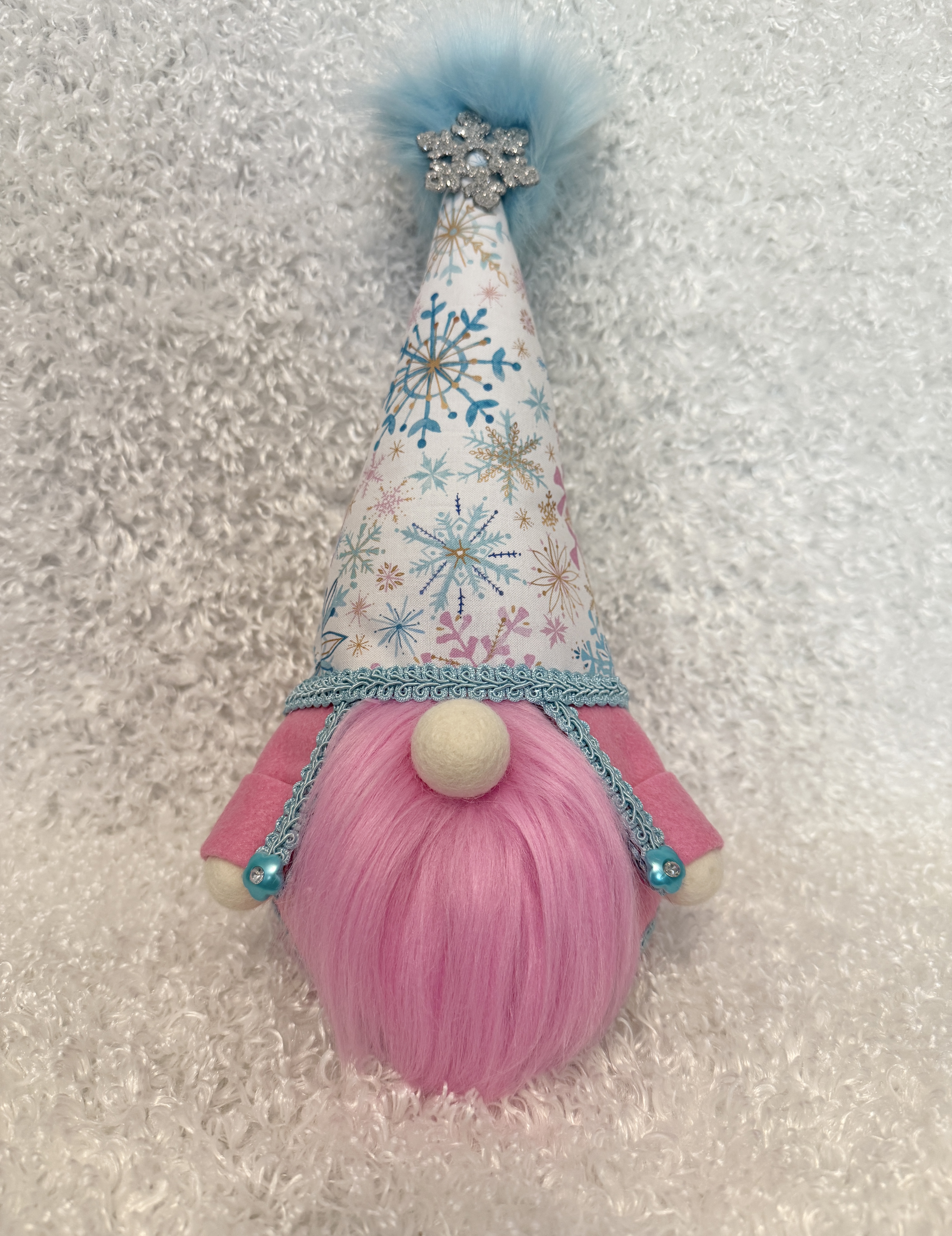 Gnome with Snowflake Covered Hat and Fluffy Pink Beard, Winter Gnome Décor, Cute Christmas Decoration