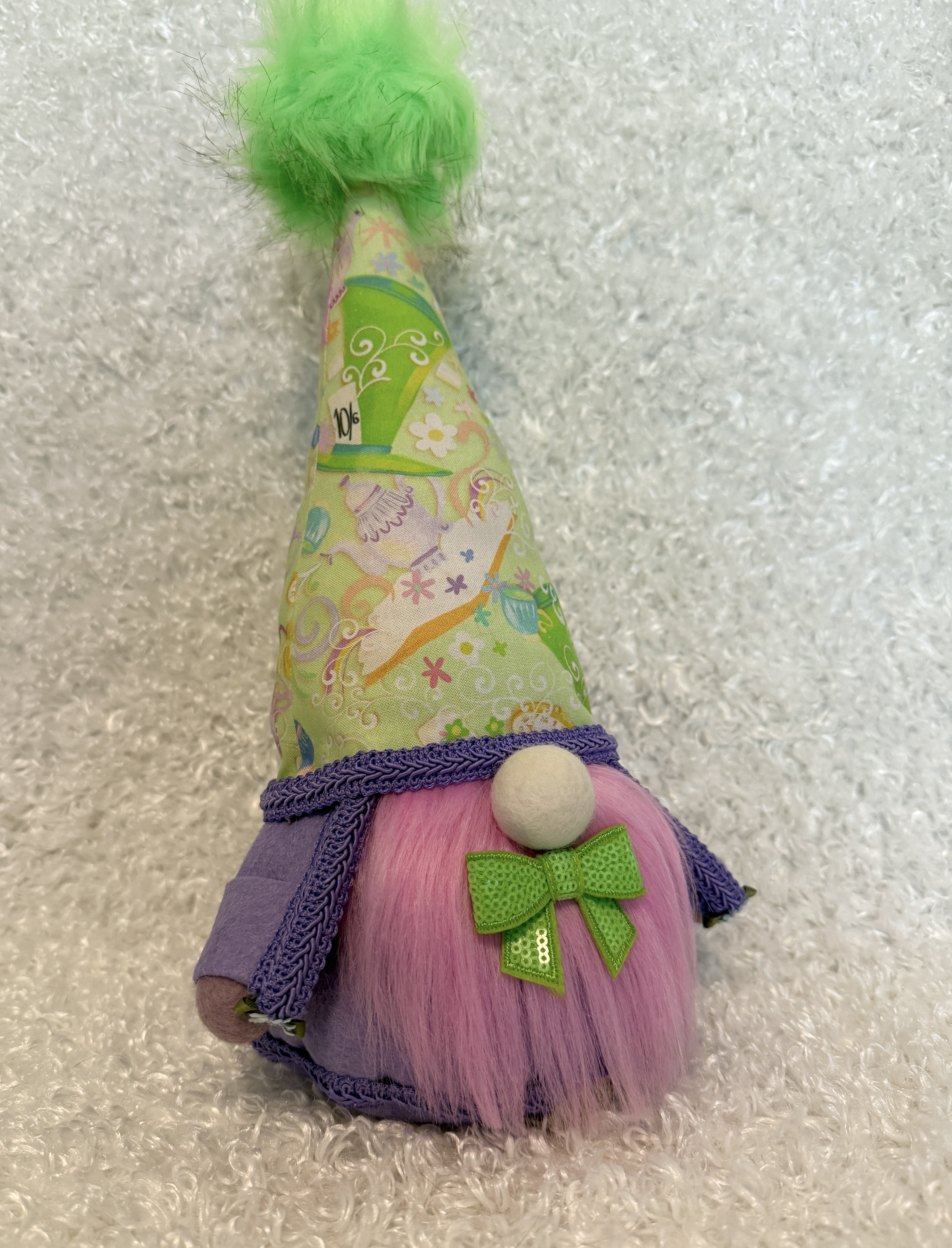 Mad Hatter Alice in Wonderland Gnome with Sparkly Green Bow Tie, Handmade Whimsical Wonderland Decor Gift