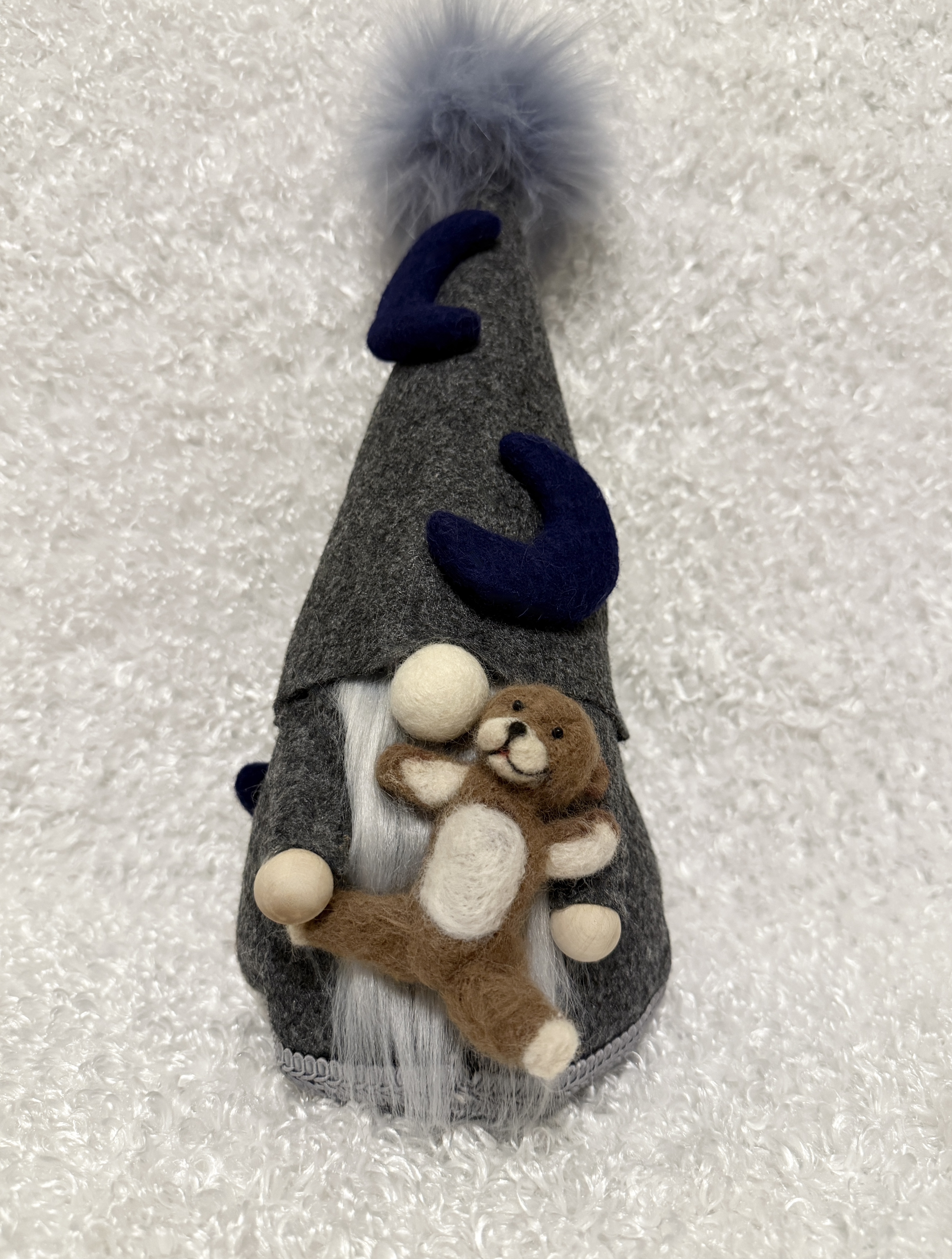 Handcrafted Gnome with Blue Moons and Brown Teddy Bear