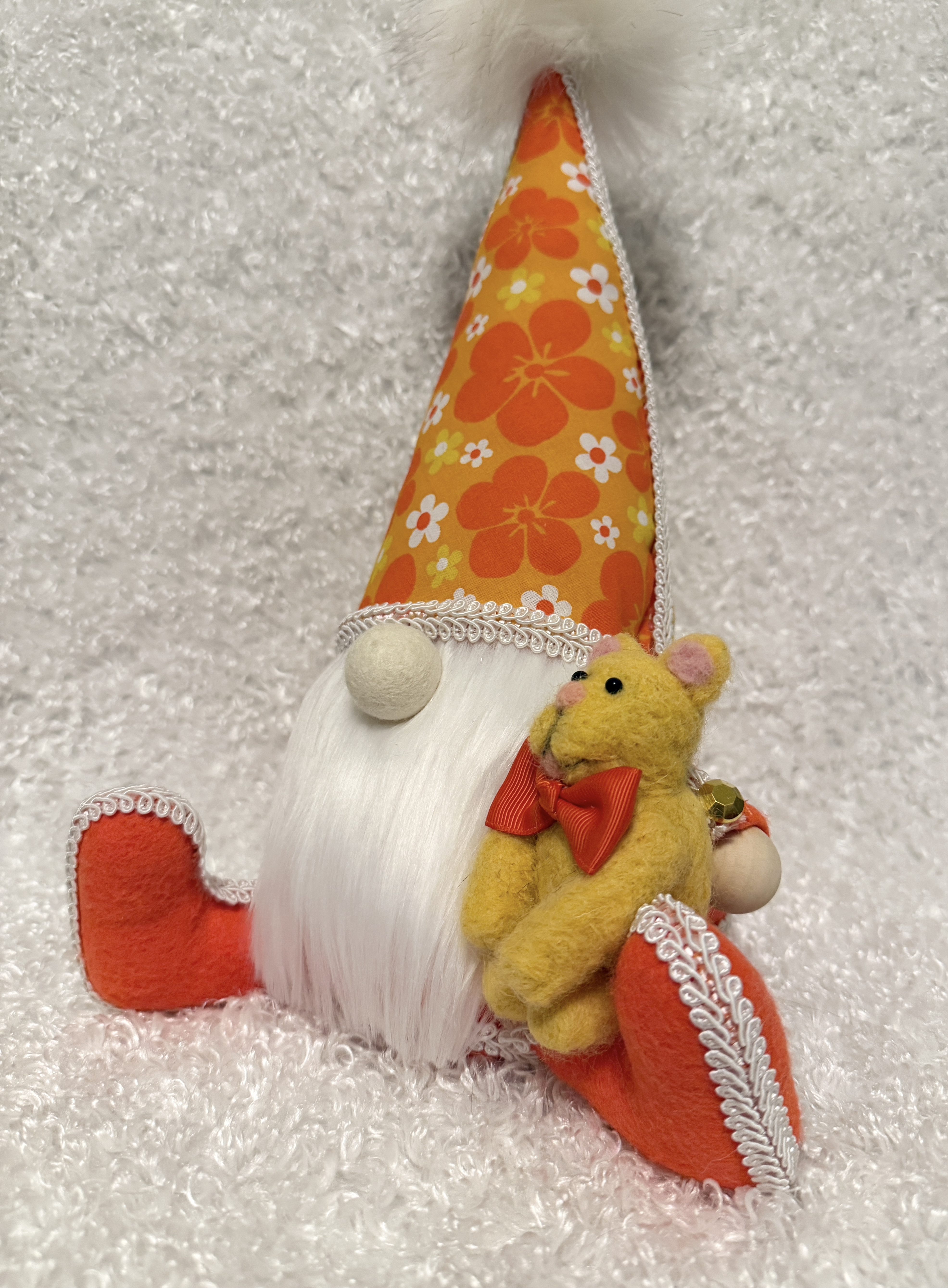 Charming Orange Spring Gnome with Floral Hat and Plush Bear