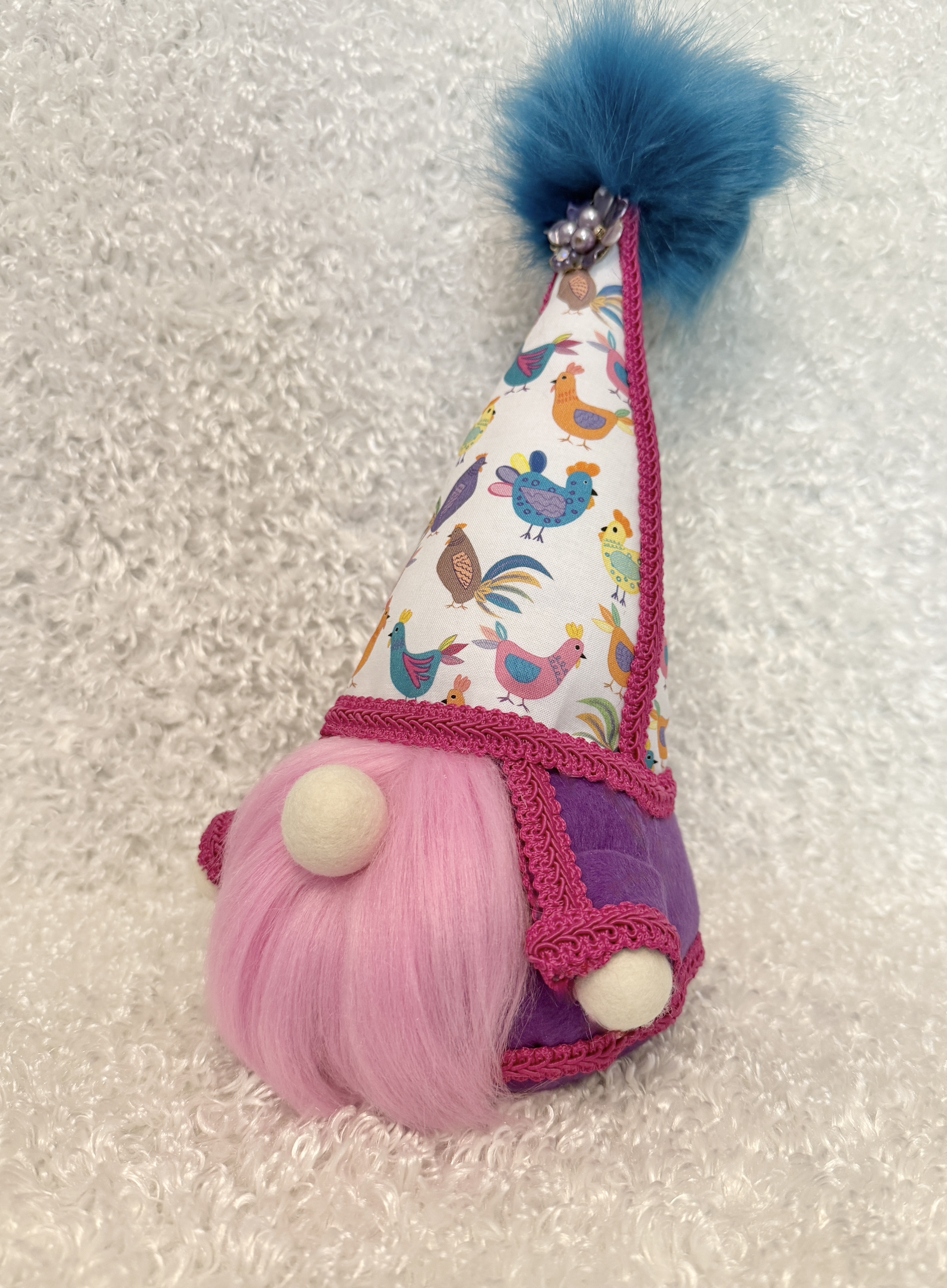 Gnome with Chicken and Rooster Covered Hat, Farmhouse Country Decor, Rustic Farm Animal Gnome