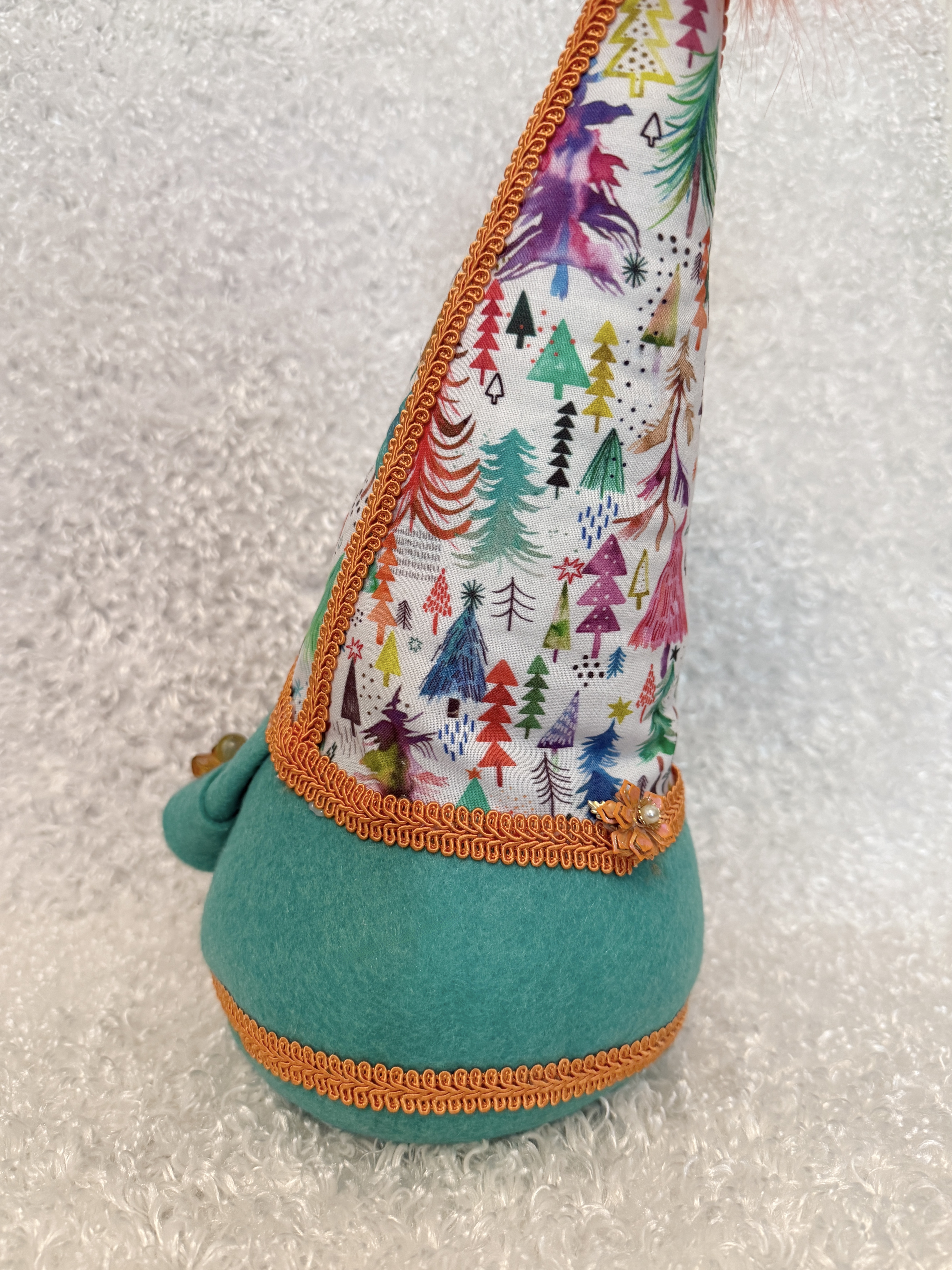 Festive Colorful Christmas Tree Gnome with Fluffy Green Beard, Seasonal Decor