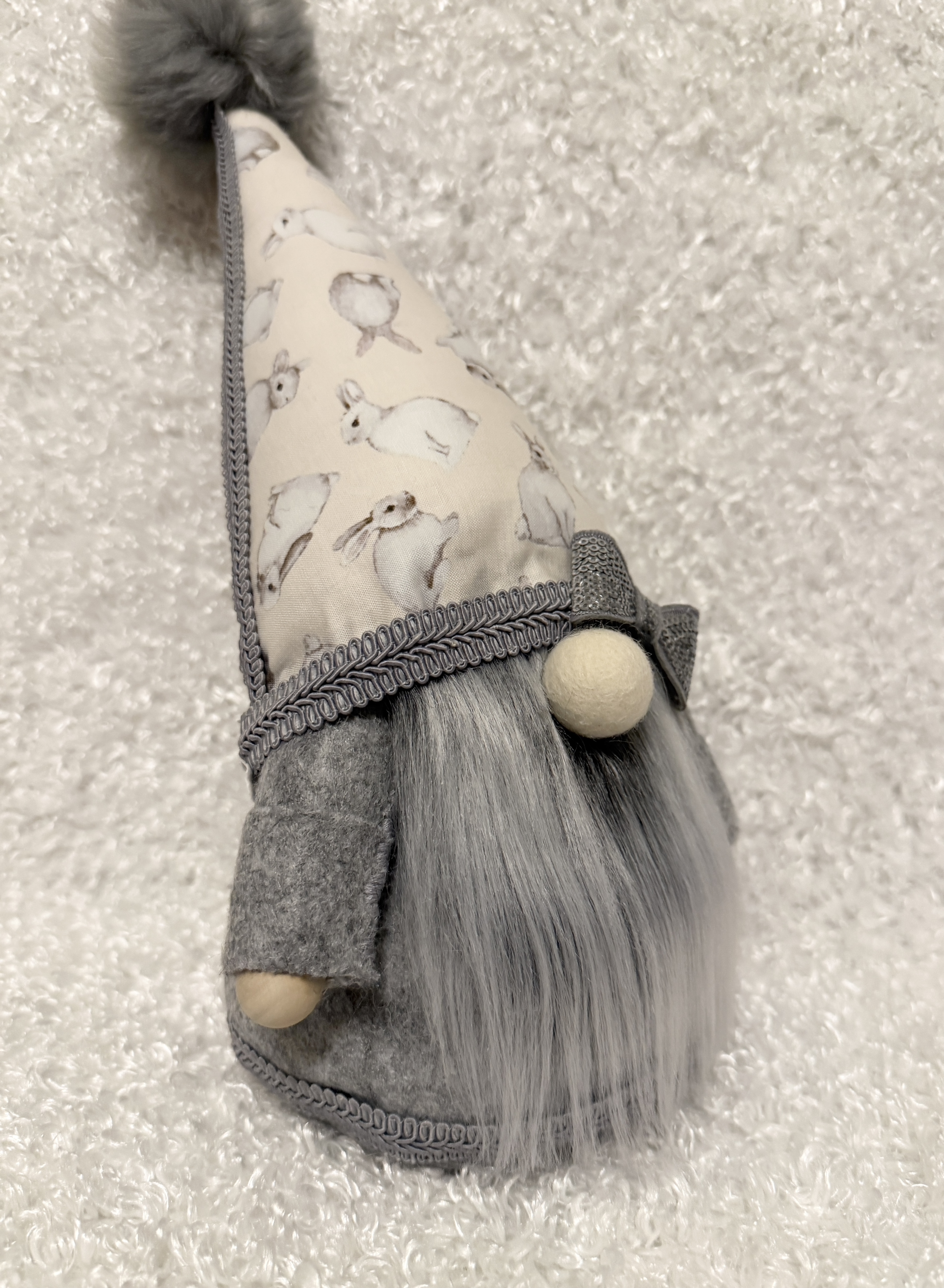 Handcrafted Whimsical Gnome with Silver Bow and White Rabbit Printed Hat