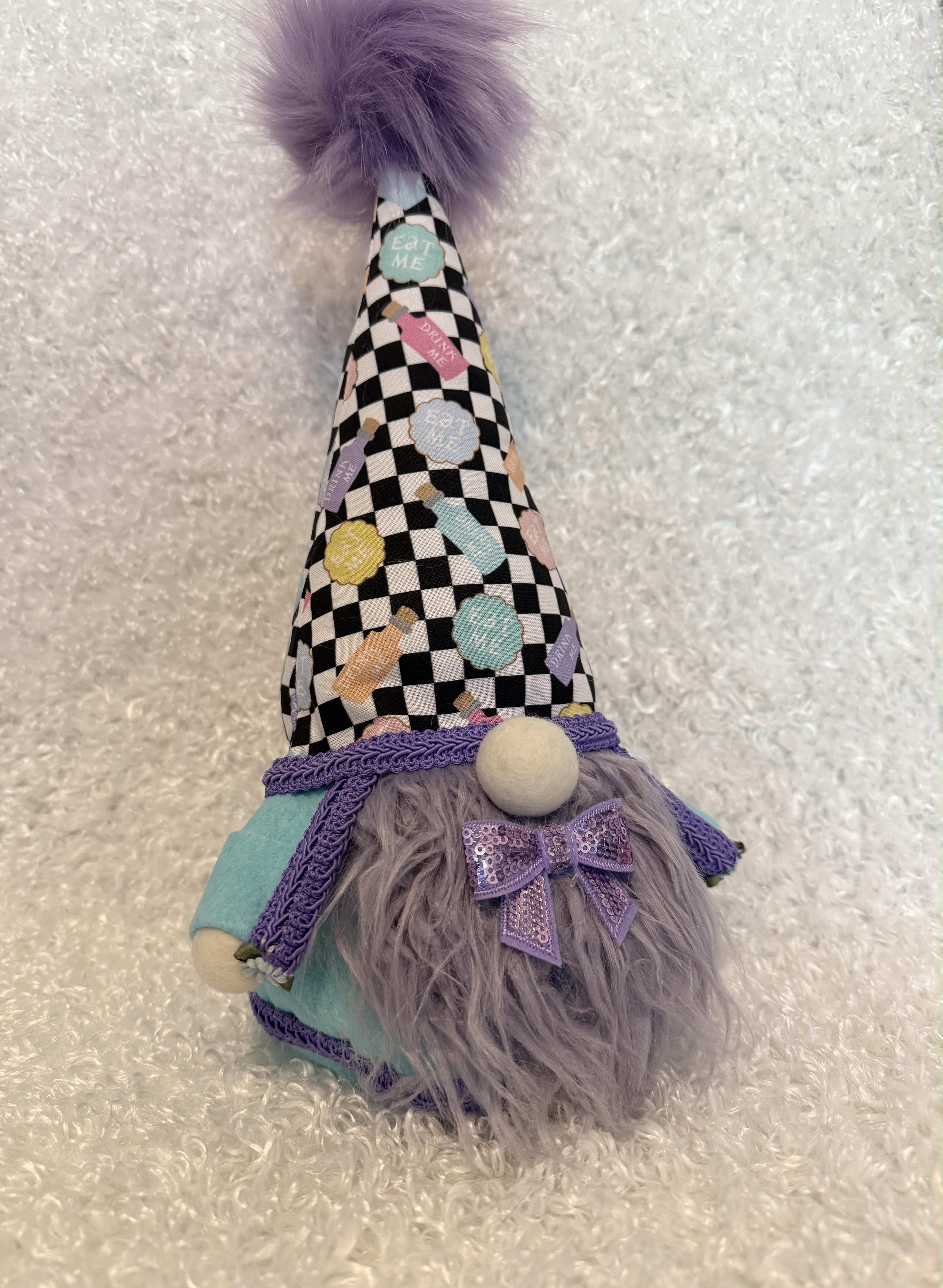Alice in Wonderland Gnome with “Eat Me Drink Me” Hat, Handmade Whimsical Decor