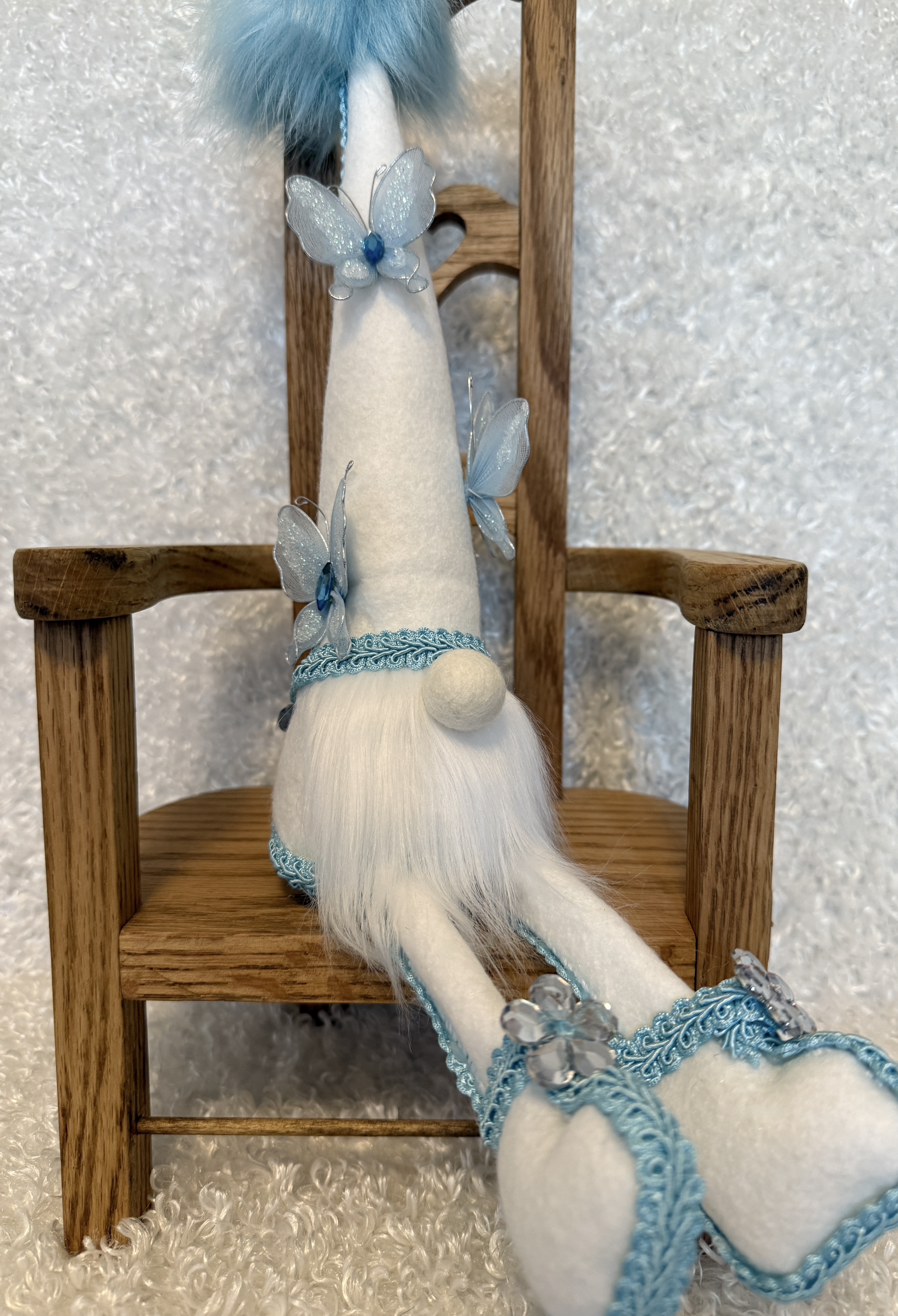 Sitting White Gnome with Long Legs and Blue Butterflies , Spring Gnome Decor, Handmade Whimsical Gnome