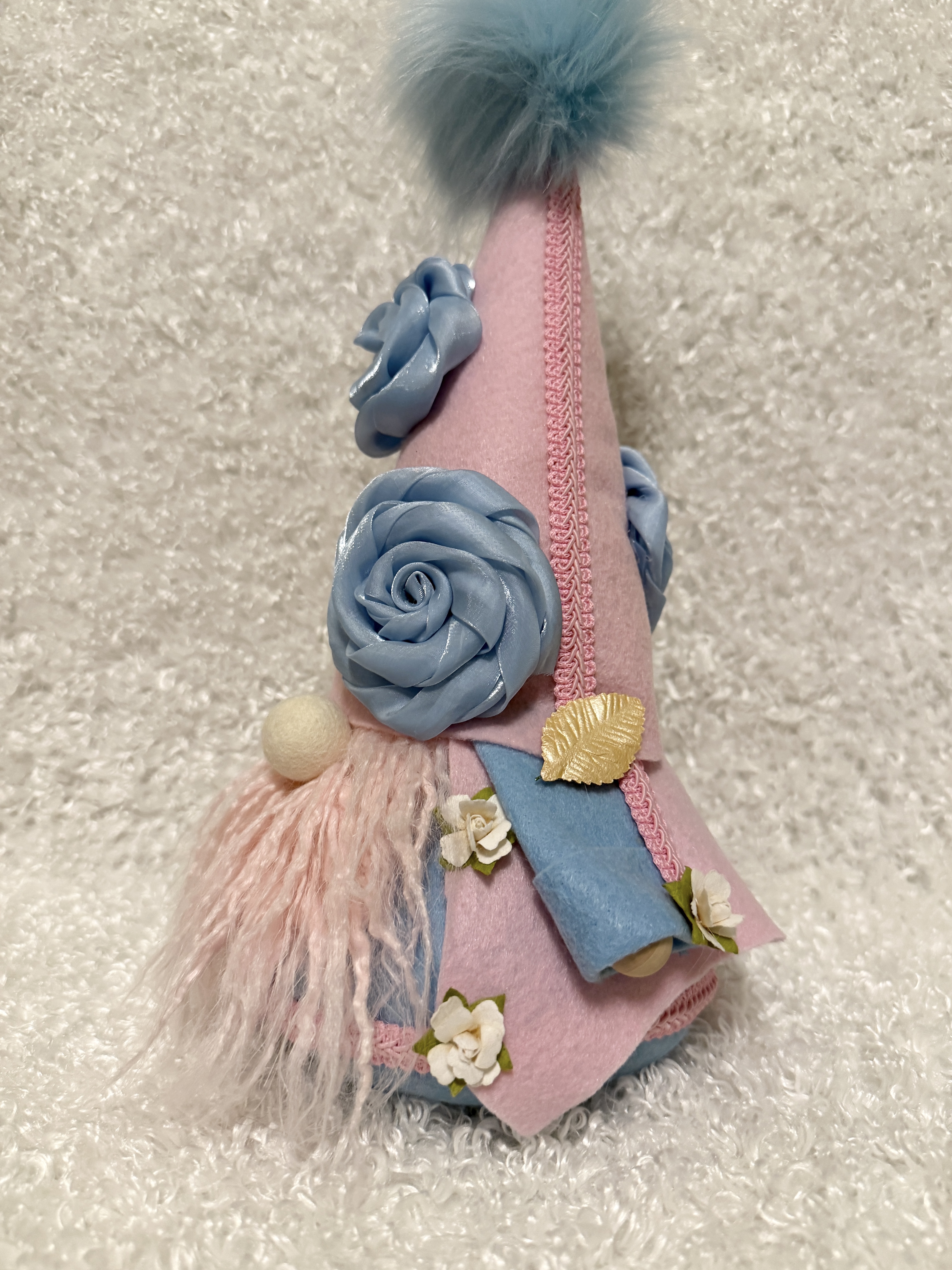 Pink and Blue Decorative Gnome with Fluffy Beard and Floral Accents