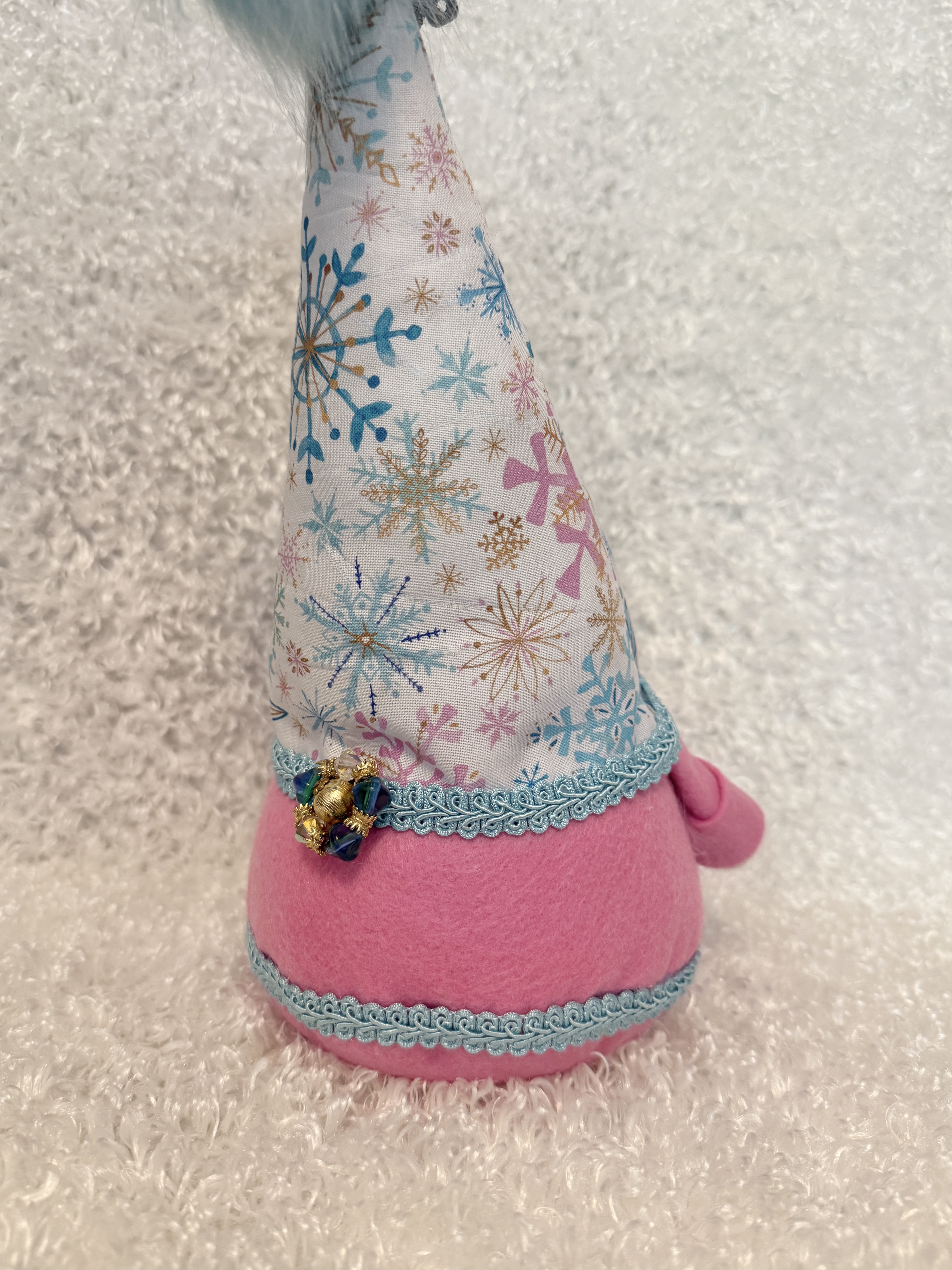 Gnome with Snowflake Covered Hat and Fluffy Pink Beard, Winter Gnome Décor, Cute Christmas Decoration