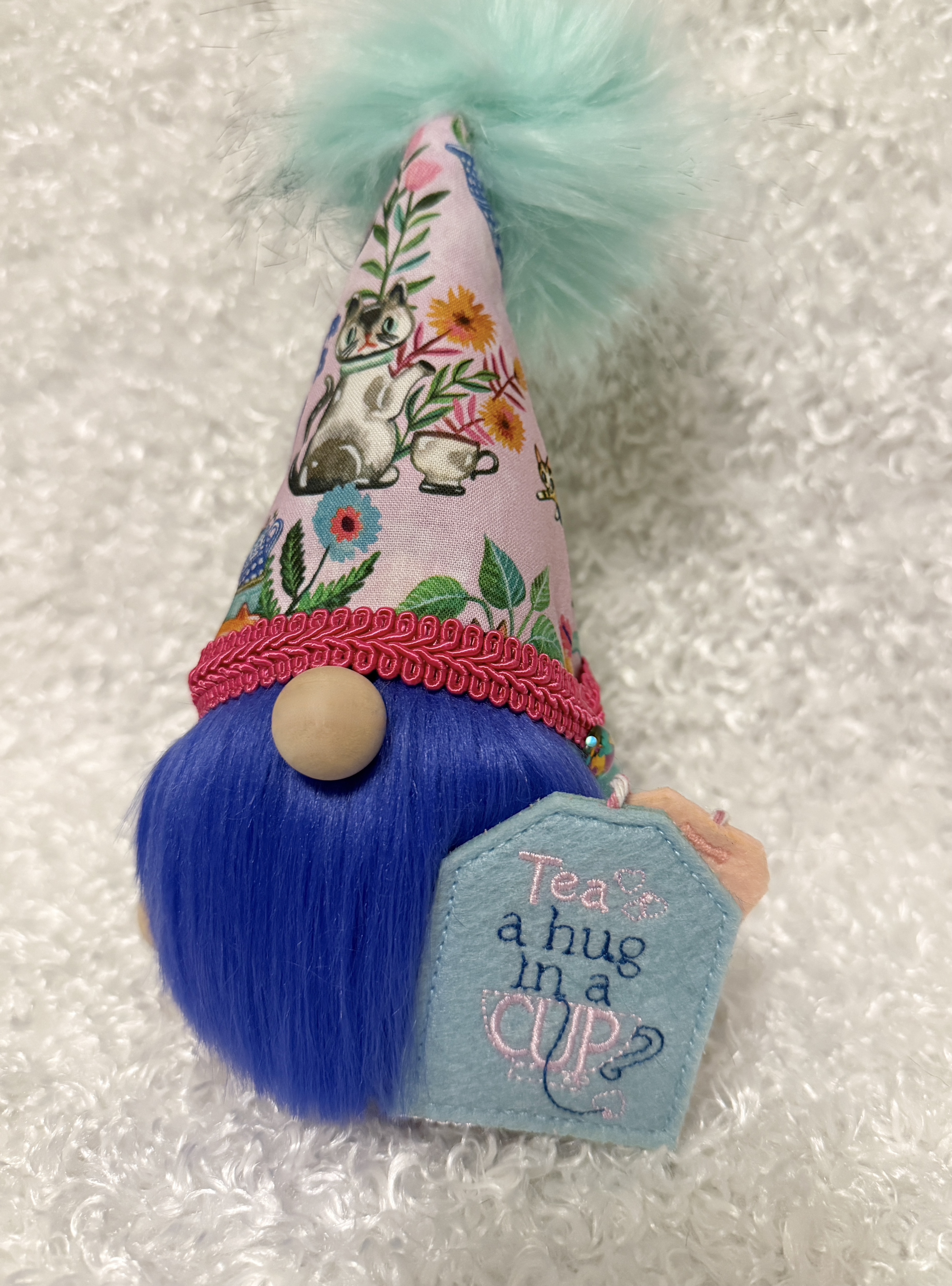 Whimsical Tea Time Gnome, Gnome with Hat Featuring Cat & Tea Cup, Gnome Carrying Tea Bag, Cottagecore Kitchen Decor, Cute Gift Idea