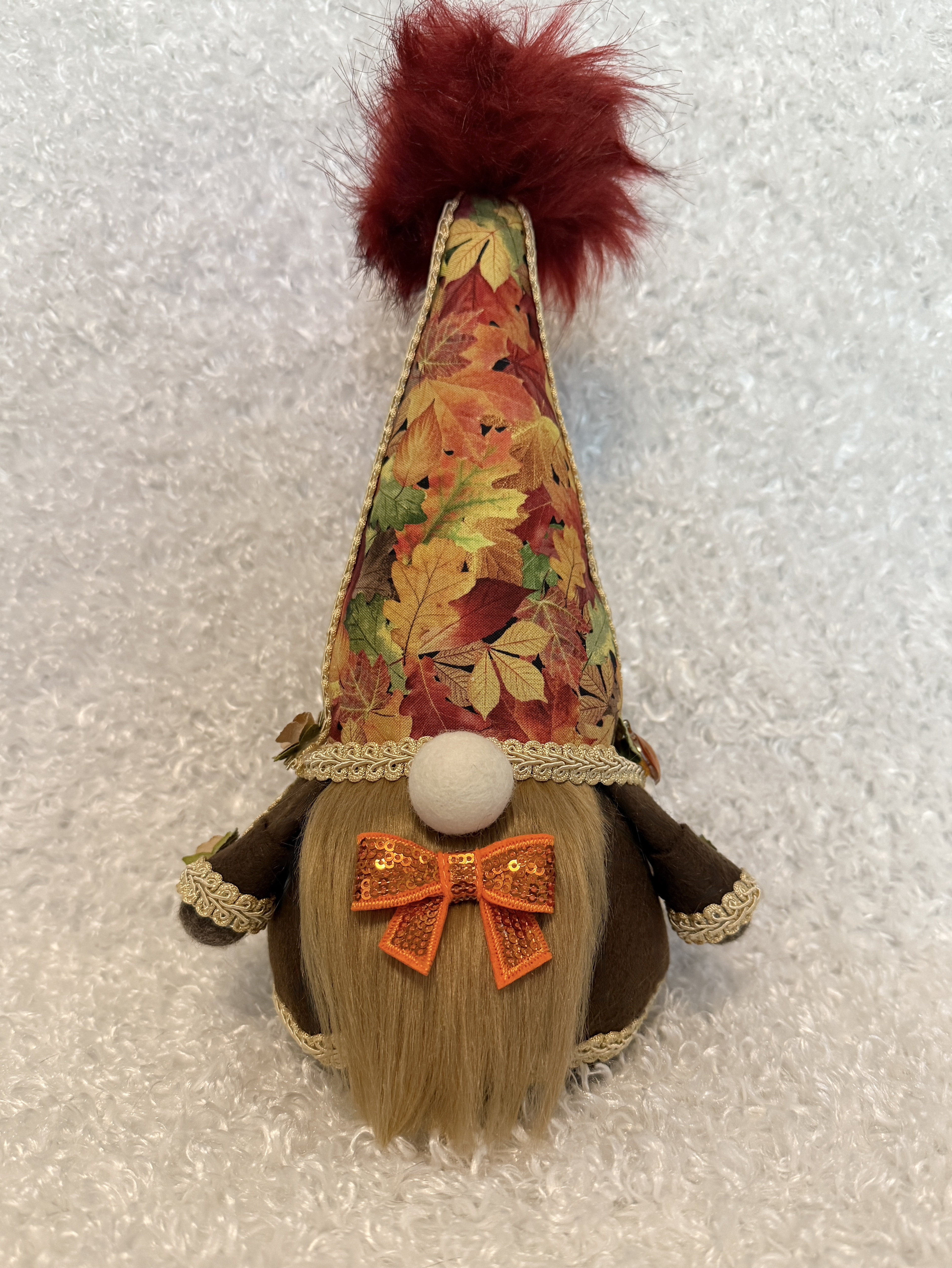Autumn Gnome with Multi-Colored Leaf Hat and Sparkly Orange Bow Tie, Handmade Fall Decor, Rustic Thanksgiving Gnome